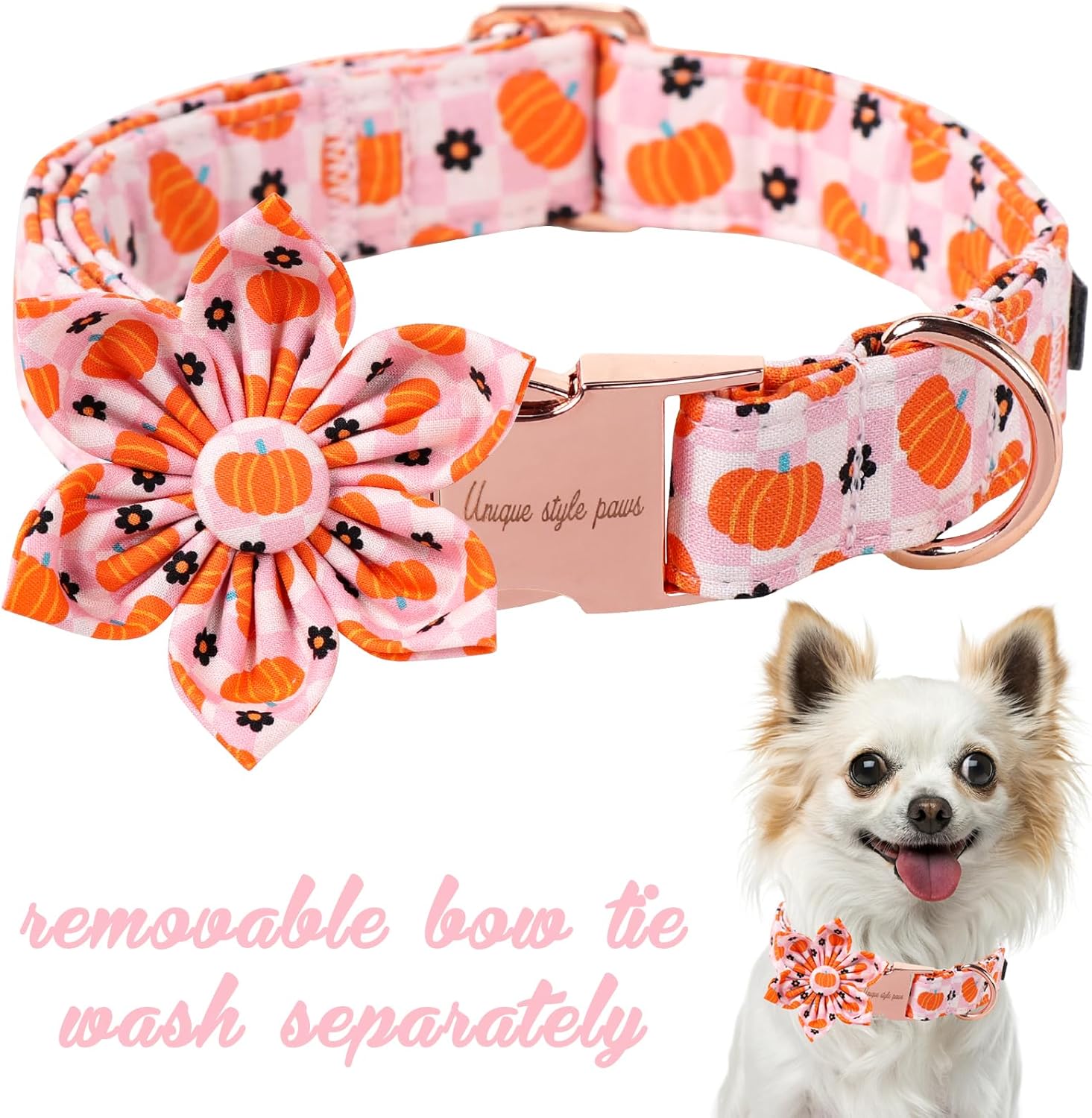Unique Style Paws Halloween Day Dog Collar with Flower Bow Pink Pumpkin Cotton Dog Collars for Small Medium Large Dogs