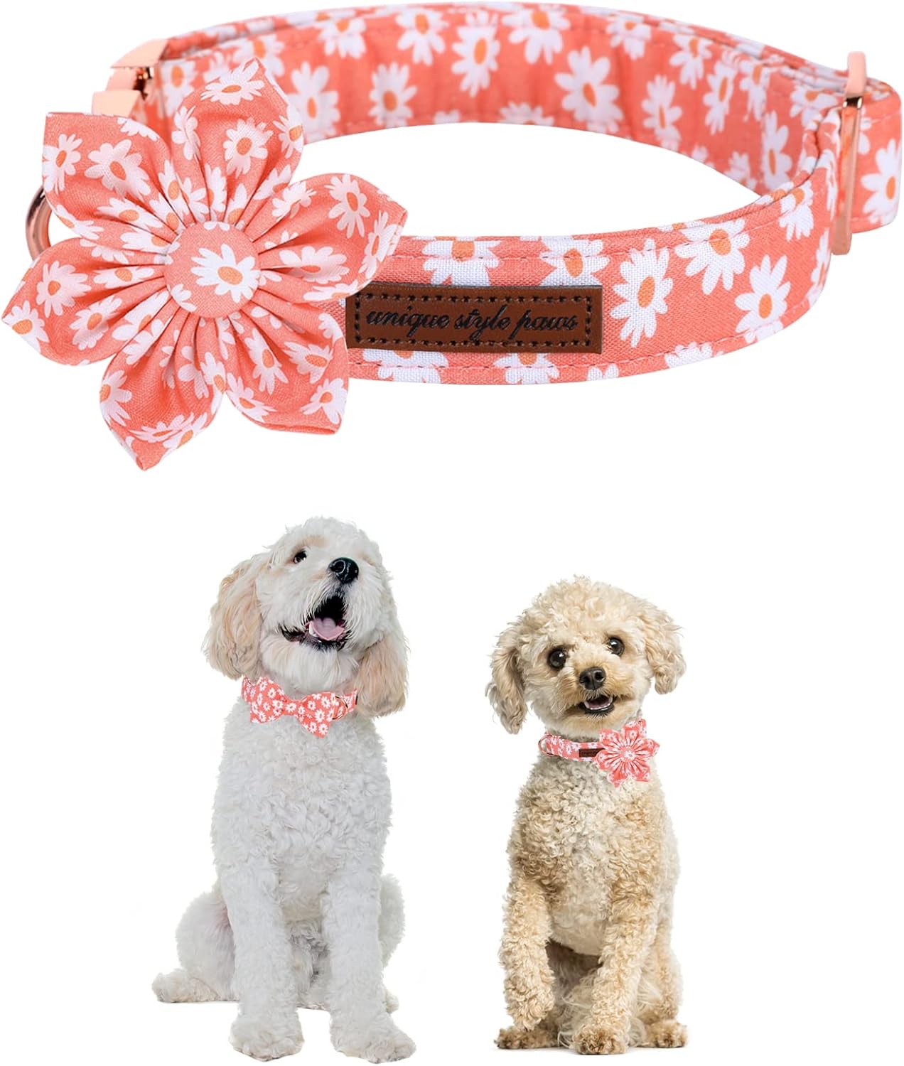 Unique style paws Dog Collar with Flower Tie Pink Daisy Summer Dog Collar for Small Medium Large Dogs with Adjustable Metal Buckle -M