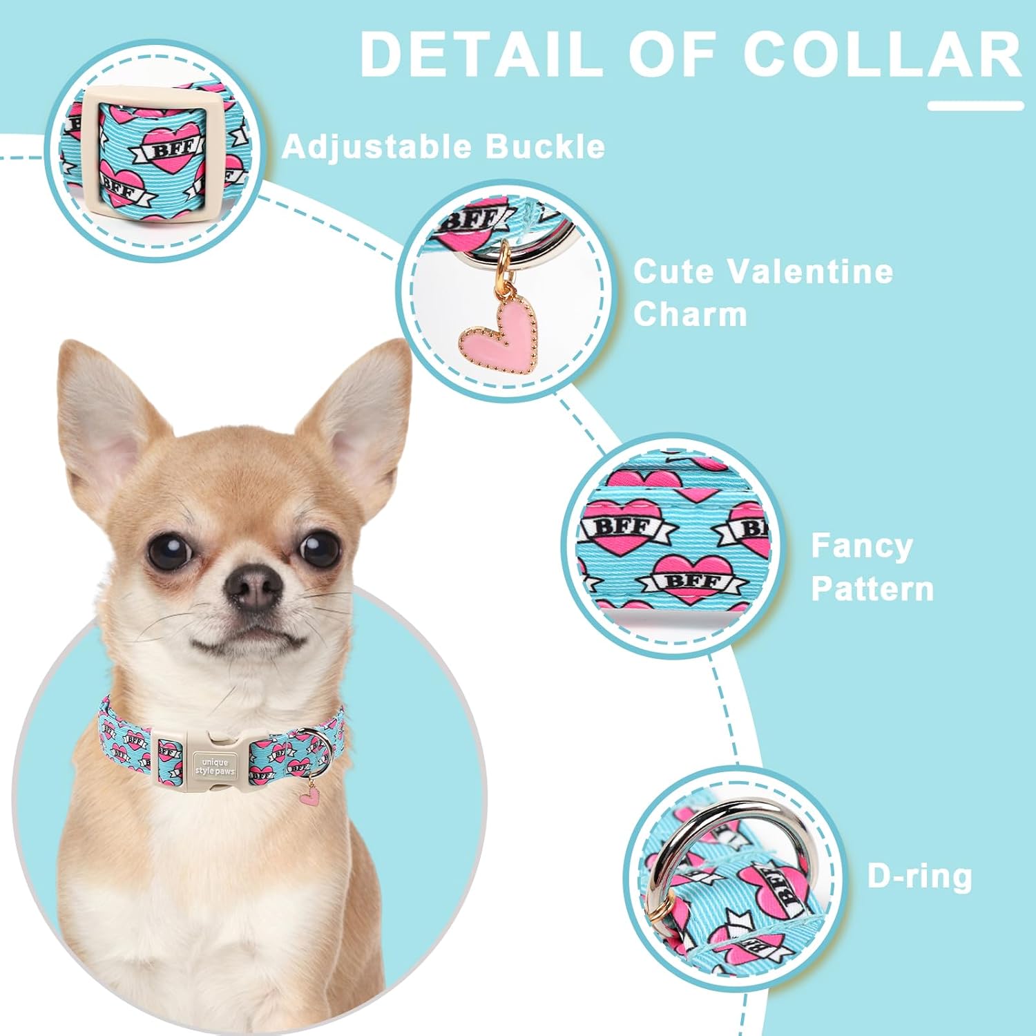 Blue Valentine Dog Collar,Unique Style Paws Dog Collar for Valentine Blue BFF Print Puppy Collars Comfortable Cotton Collars with Breakaway Buckle,Fancy Dog Gift for Lover