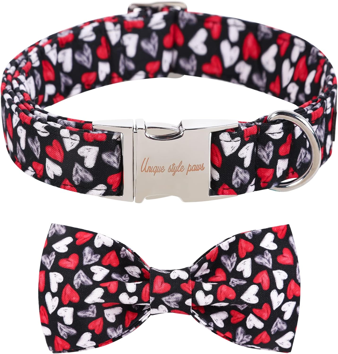 Unique style paws Valentine's Day Dog Collar with Bow Tie Black & Red Heart Puppy Collar Best Gothic Style Gift for Small Medium Large Boys Girls-XL