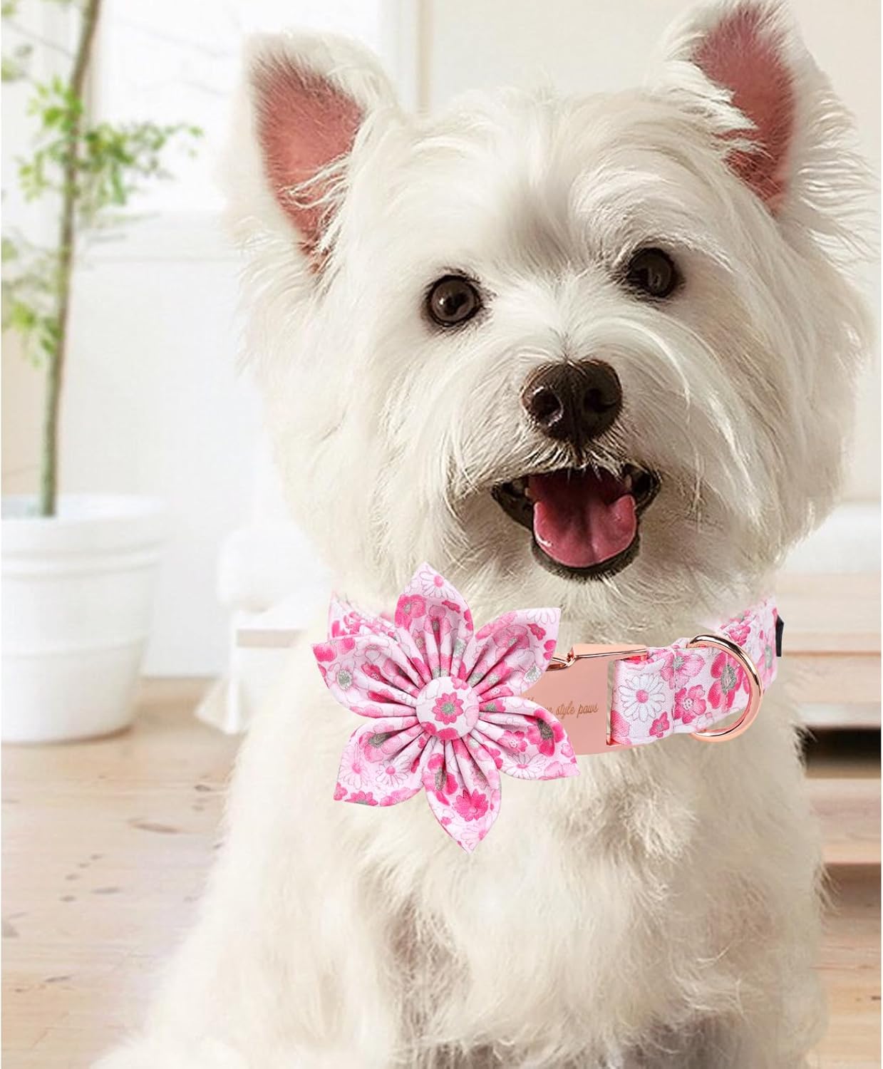 Unique Style Paws Summer Dog Collar with Floral Bow,Pink Bow Tie Puppy Collar,Flower Pattern Dog Bow Collar for Small,Medium,Large Dogs&Cats