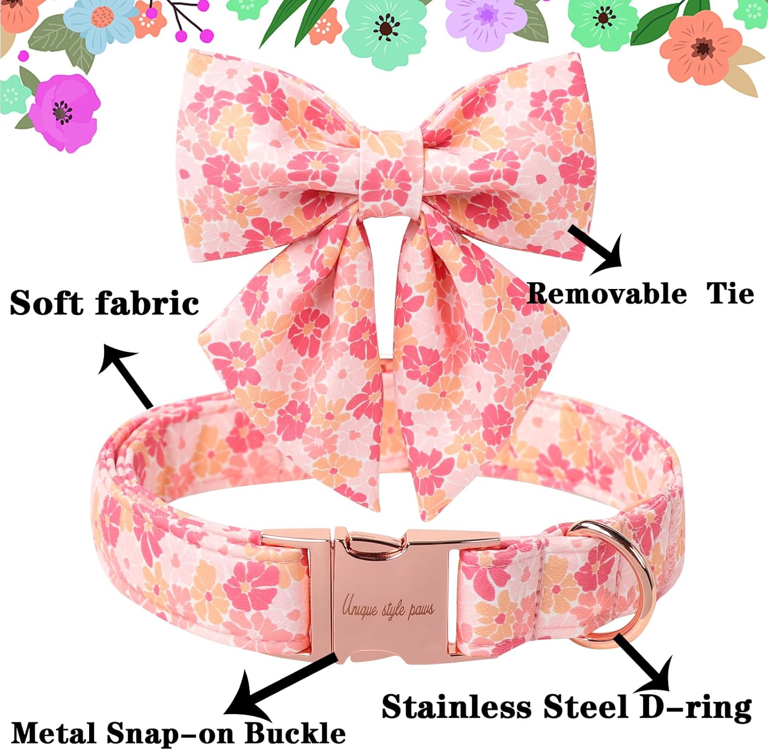 Unique style paws Cartoon Dog Collar with Bowtie Spring Summer Puppy Collar with Flower for Small Medium Large Boys Girls Dogs