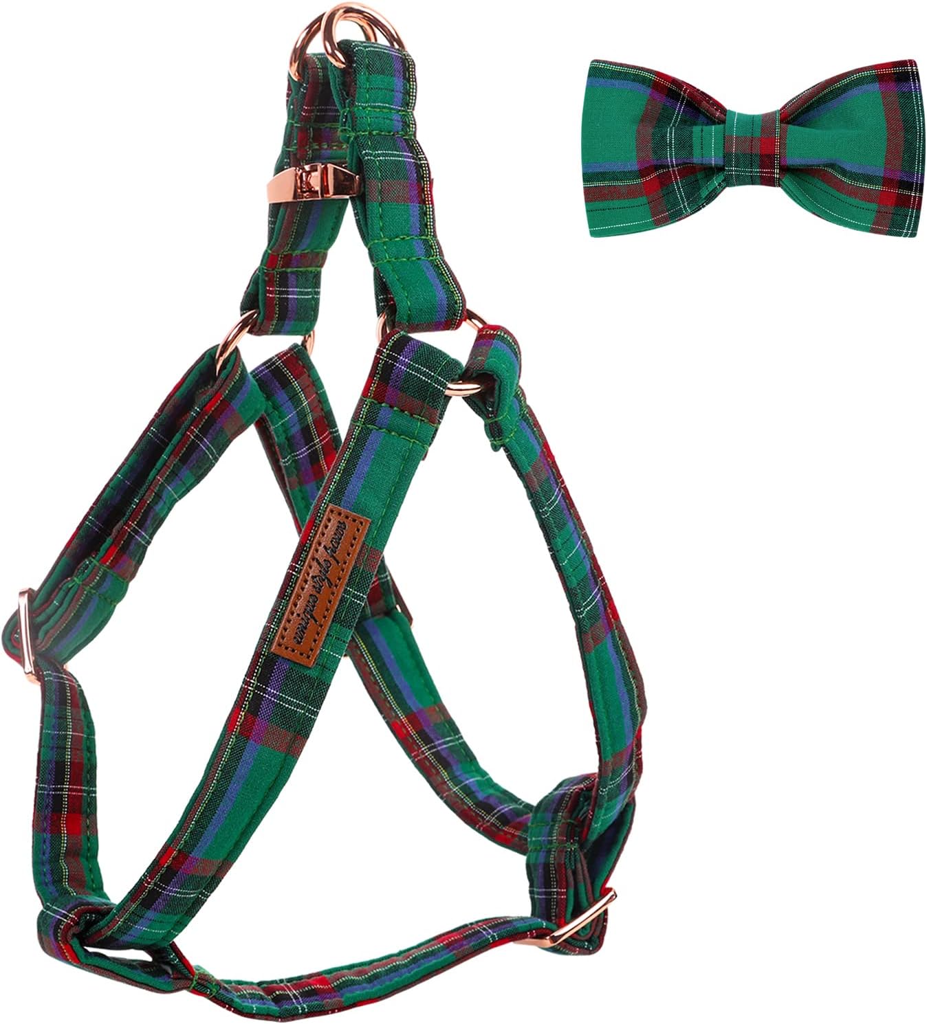 Unique style paws Green Plaid Dog Harness Adjustable Harnesses Durable Hardware with Bowtie for Small Medium Large Dog-Christmas Style