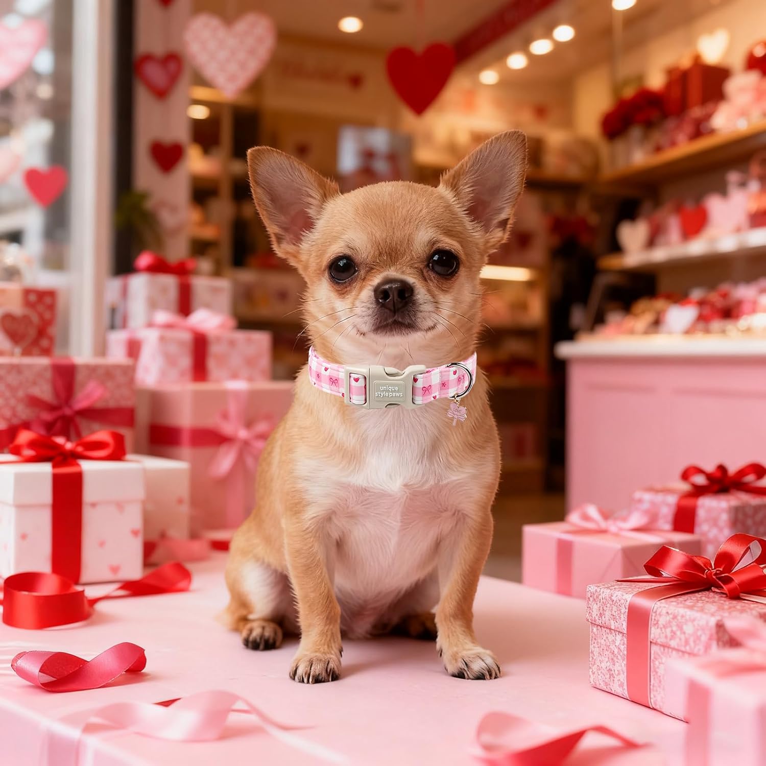 Unique Style Paws Valentine Dog Collar Plastic Buckle with Pendant Pink Grid Bow Love Heart Cotton Puppy Collars for Small Medium Large Dogs