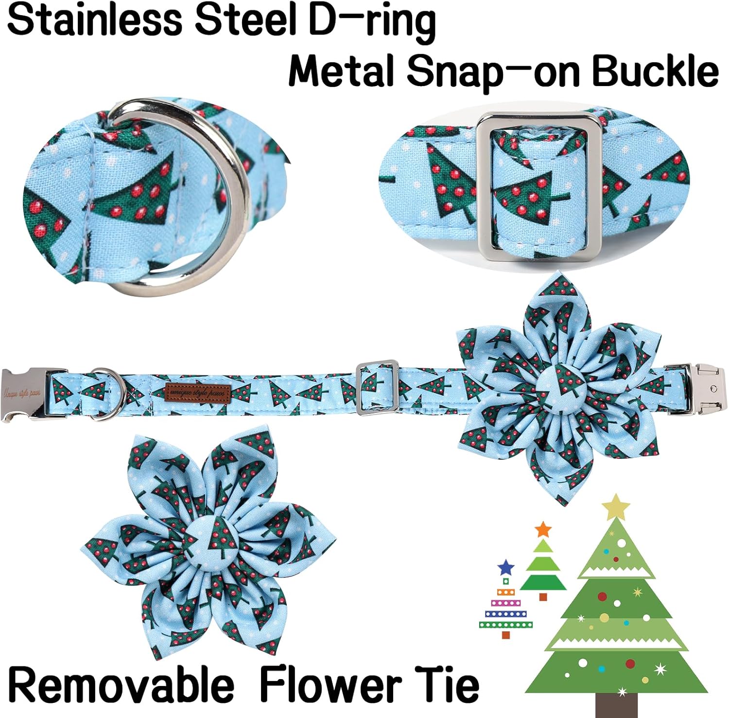 Unique Style Paws Christmas Day Dog Collar with Flower Bow Christmas Tree Cotton Puppy Collars for Small Medium Large Dogs