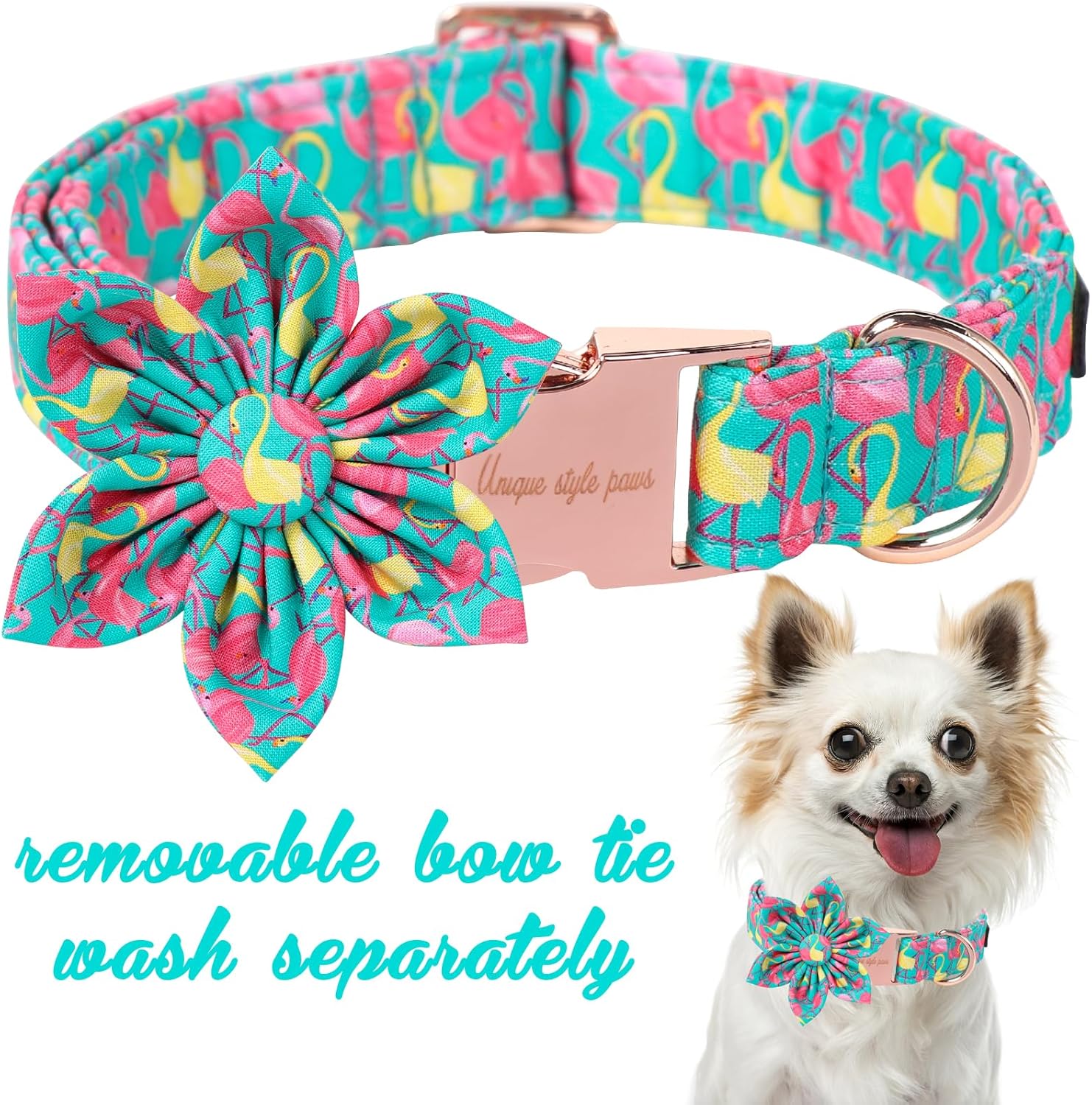 Unique Style Paws Summer Dog Collar with Floral Bow,Flamingo Bow Tie Puppy Collar, Cute Green Dog Bow Collar for Small,Medium,Large Dogs Pets Summer Gifts