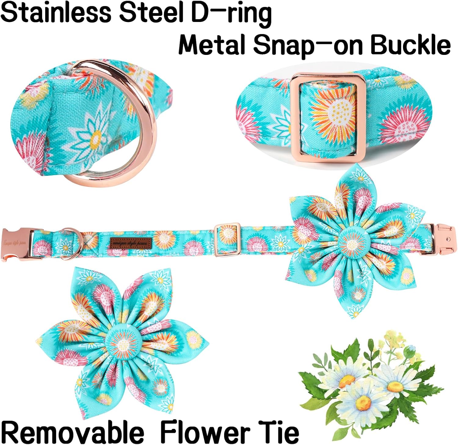 Unique Style Paws Summer Dog Collar with Floral Bow,Sunflower Bows Tie Puppy Collar, Cute Blue Dog Bow Collars for Small,Medium,Large Dogs Pets Summer Gifts