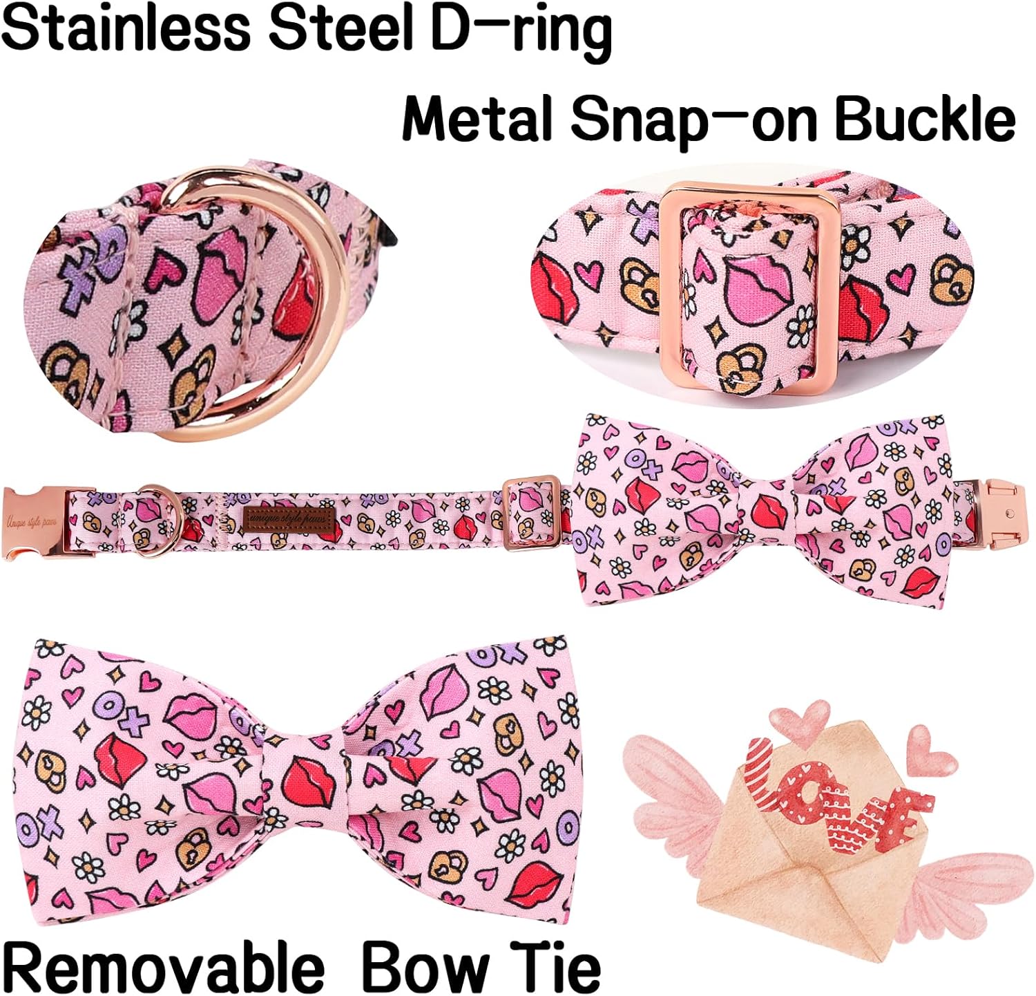 Unique style paws Valentine's Day Dog Collar with Bow Tie XO Red Lips Puppy Collar Best Gift for Small Medium Large Boys Girls-L