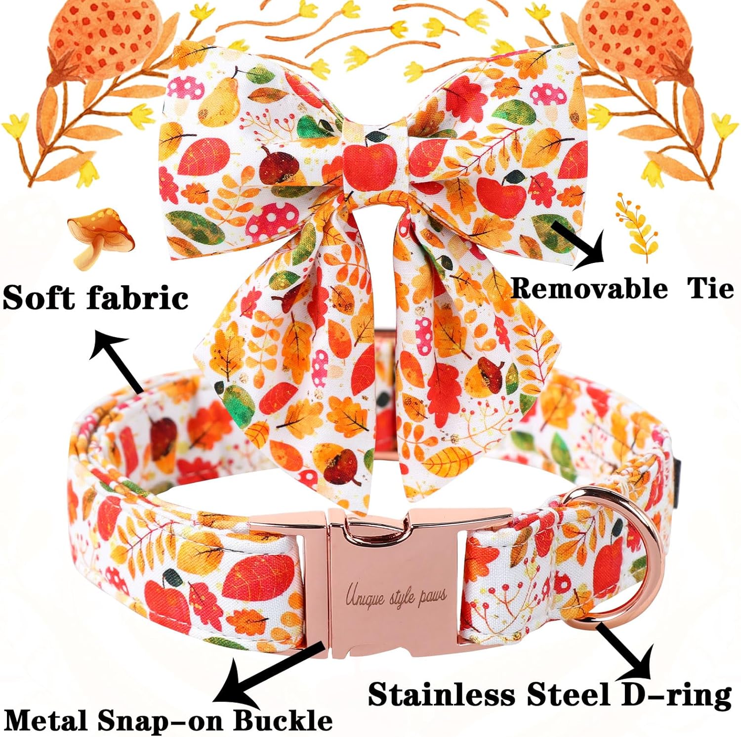 Unique Style Paws Thanksgiving Day Collar with Bowtie Fruit Leaf Flower Fruit Durable Cute Cotton Dog Collars for Small Medium Large Dogs