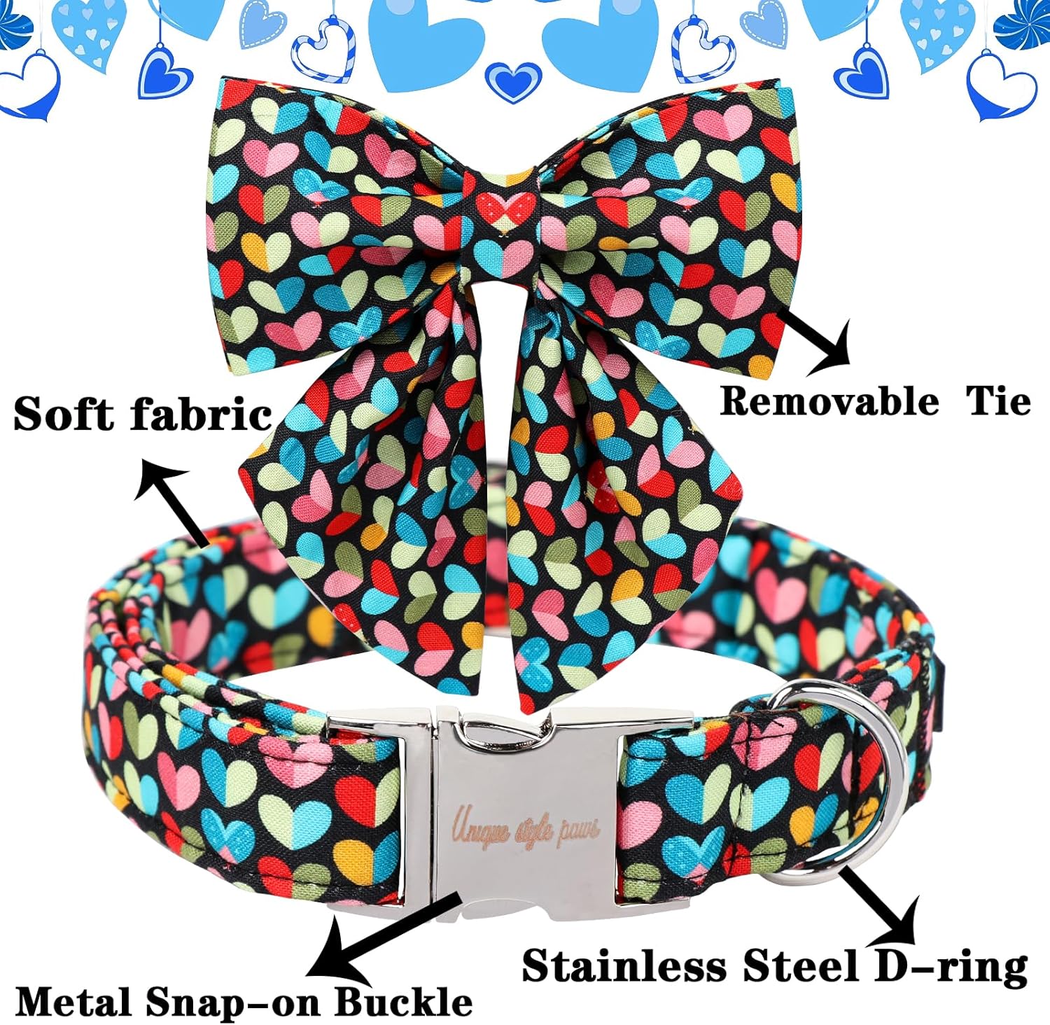 Unique Style Paws Valentine's Dog Collar with Bow Colorful Heart Love Dog Collars for Small Medium Large Dog New