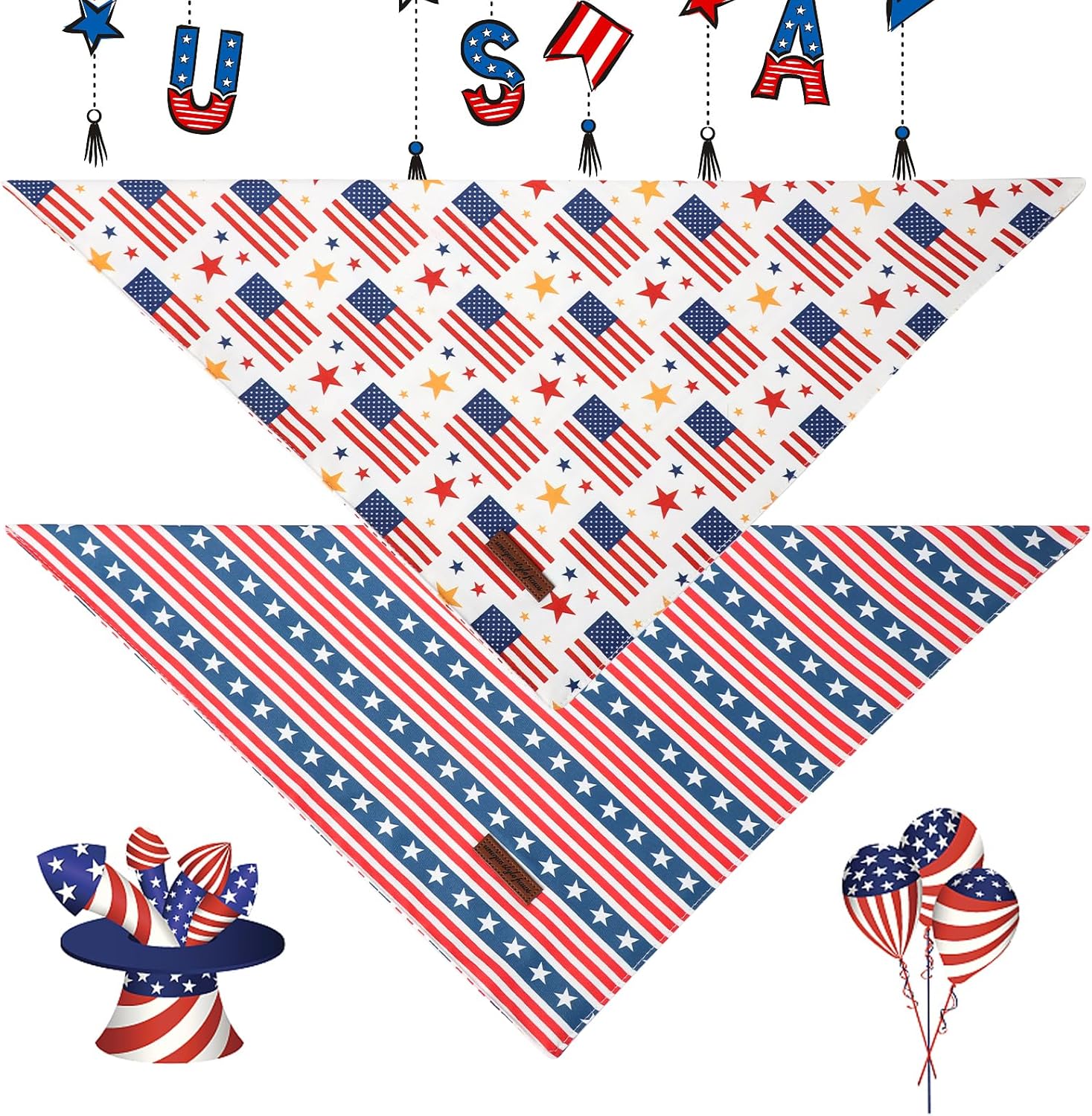 Unique Style Paws Dog Independence Bandanas 2Pcs Washable Cotton Triangle Summer Striped Star Flag Puppy Scarfs for Small Medium Large Dogs and Cats