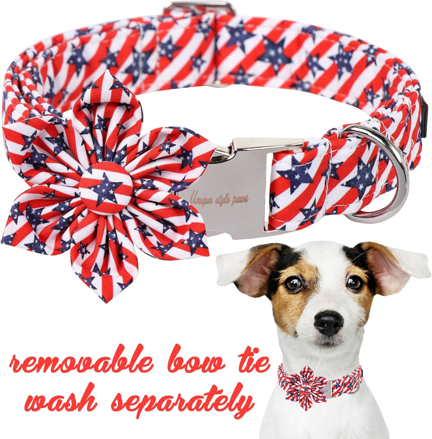 Unique style paws Independence Day Dog Collar with Flower Bow Striped Star Puppy Collar for Small Medium Large Boys Girls Dogs