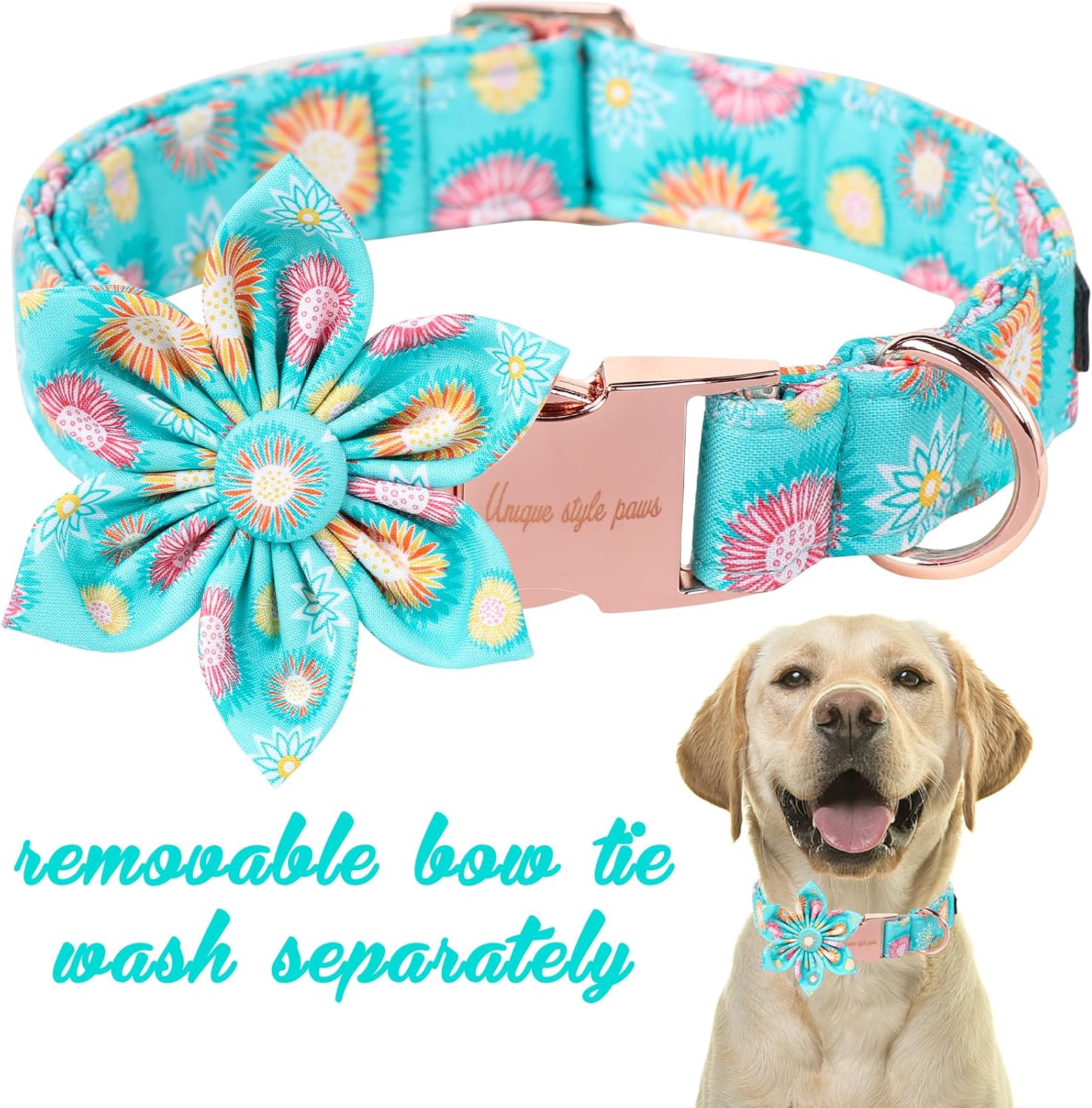 Unique Style Paws Summer Dog Collar with Floral Bow,Sunflower Bows Tie Puppy Collar, Cute Blue Dog Bow Collars for Small,Medium,Large Dogs Pets Summer Gifts