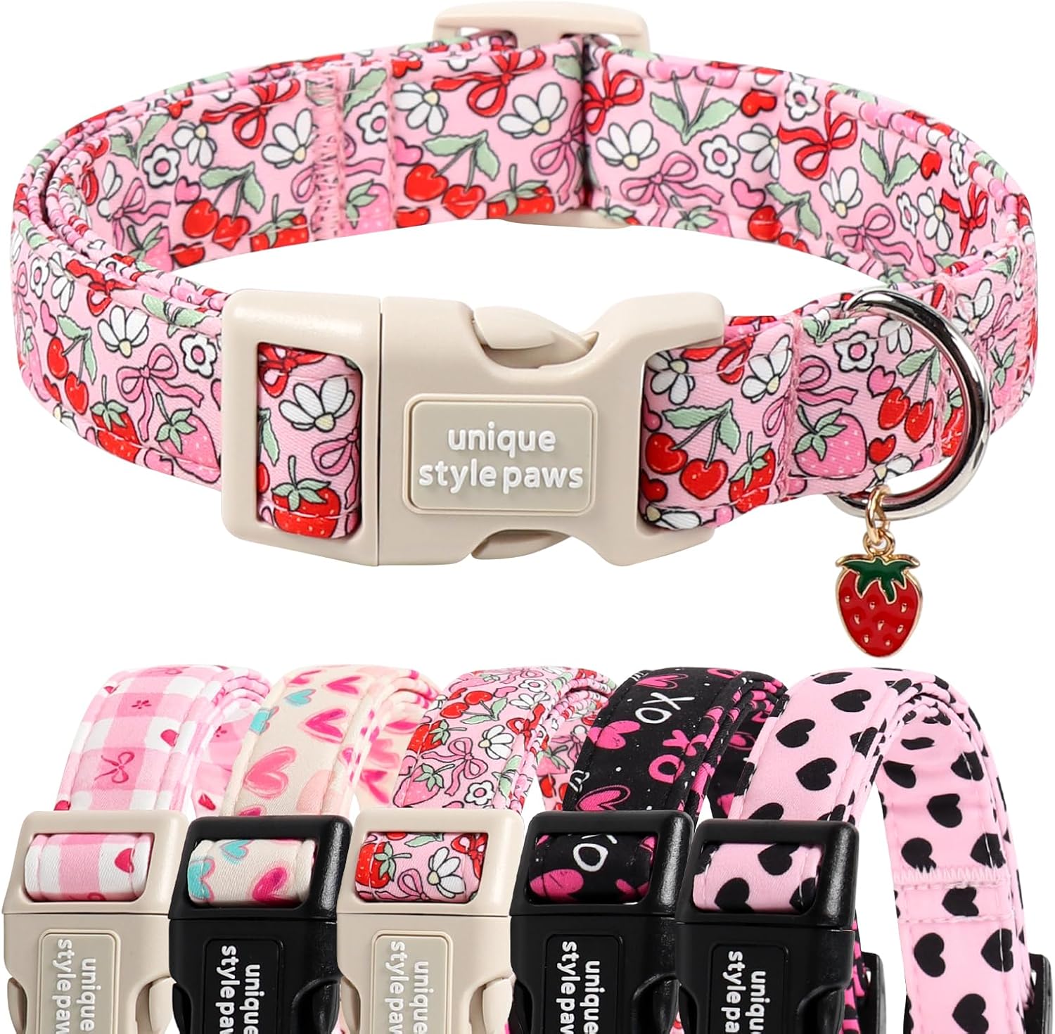 Unique Style Paws Valentine Dog Collar Plastic Buckle with Pendant Red Pink Strawberry Cotton Puppy Collars for Small Medium Large Dogs