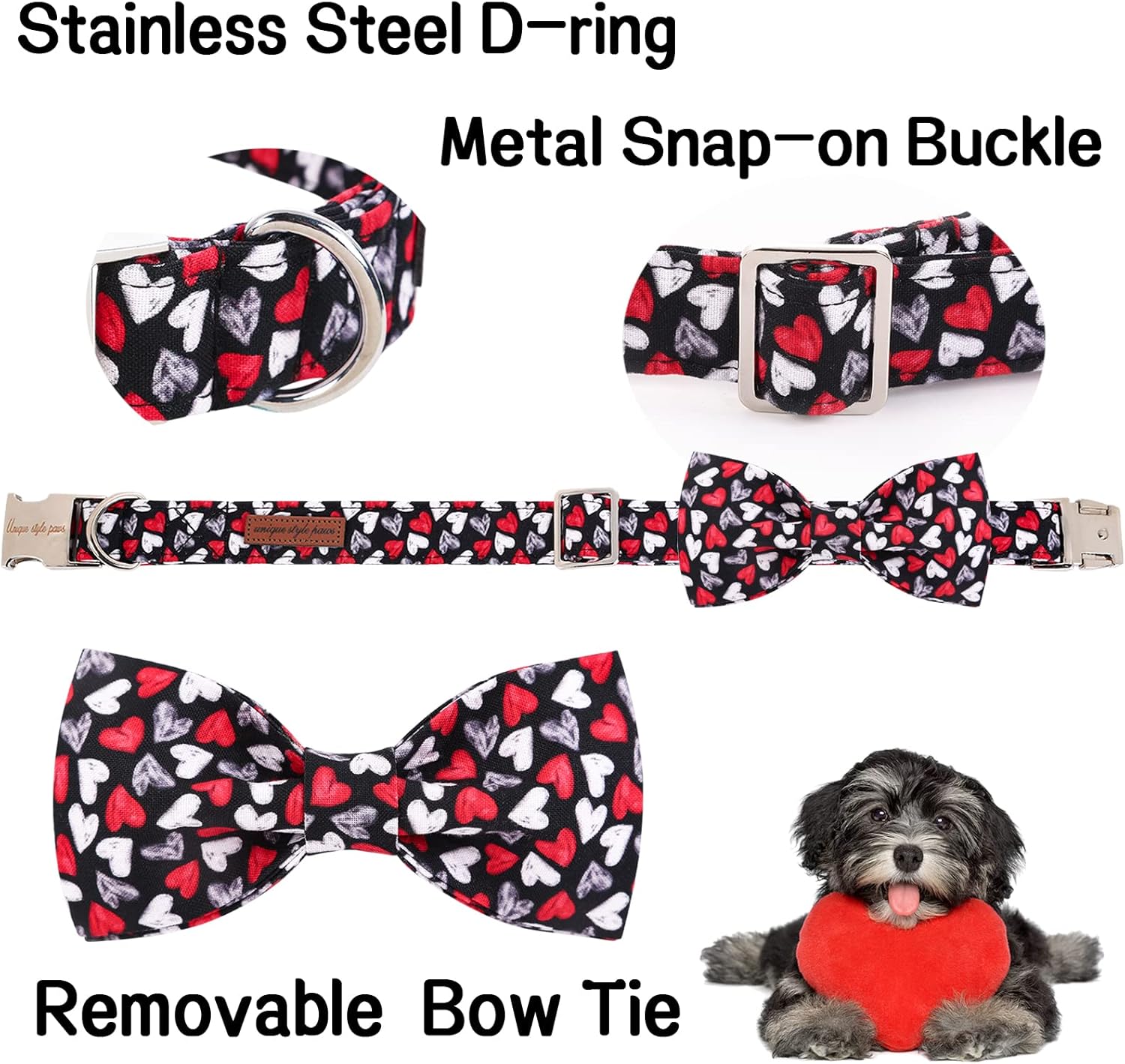 Unique style paws Valentine's Day Dog Collar with Bow Tie Black & Red Heart Puppy Collar Best Gothic Style Gift for Small Medium Large Boys Girls-XL