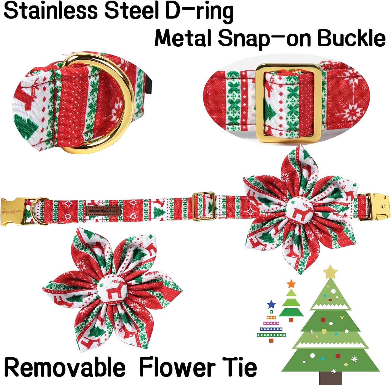 Unique Style Paws Christmas Day Dog Collar with Flower Bow Christmas Tree Cotton Puppy Collars for Small Medium Large Dogs