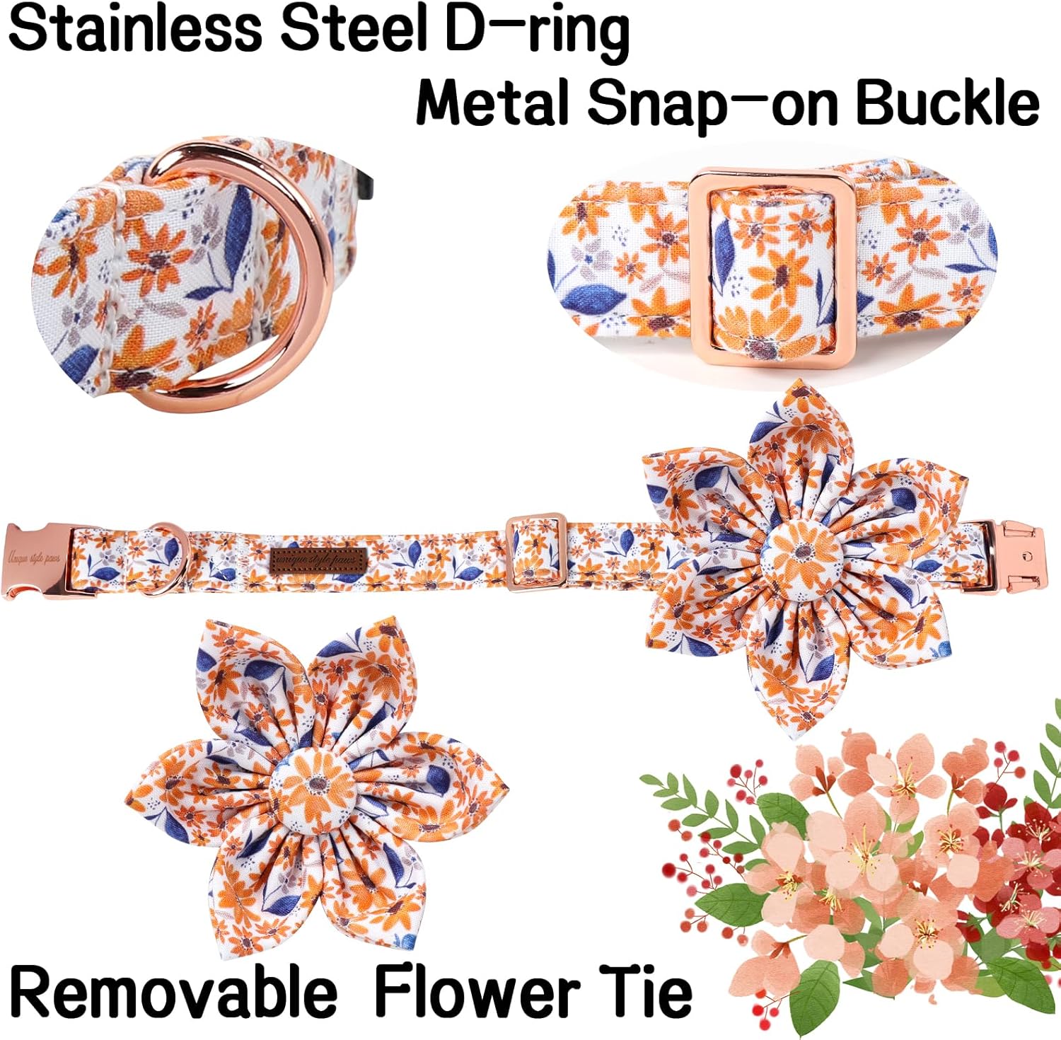 Unique Style Paws Autumn Leaf Collar with Flower Bow Blue Leaf Flower Cotton Dog Collars for Small Medium Large Dogs