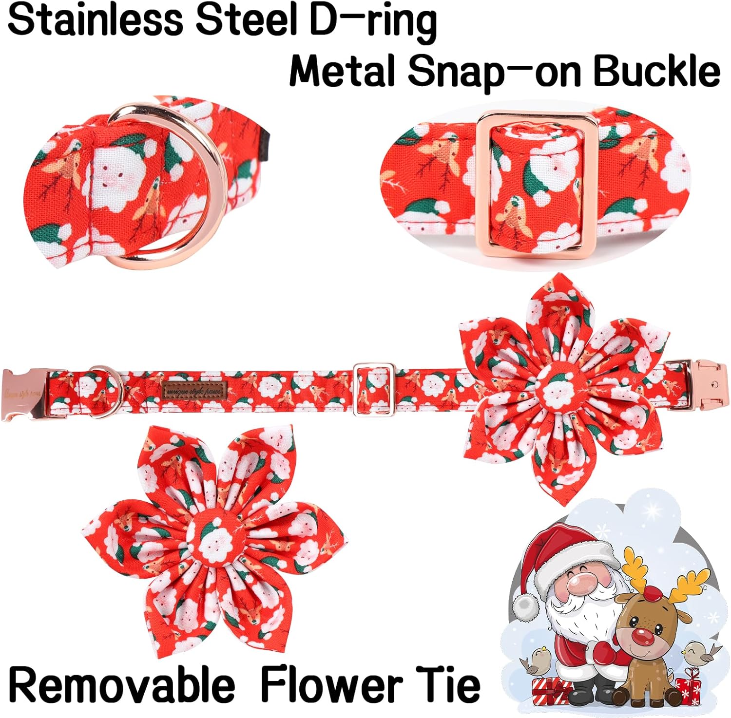 Unique Style Paws Christmas Day Dog Collar with Flower Bow Christmas Elk Man Cotton Puppy Collars for Small Medium Large Dogs