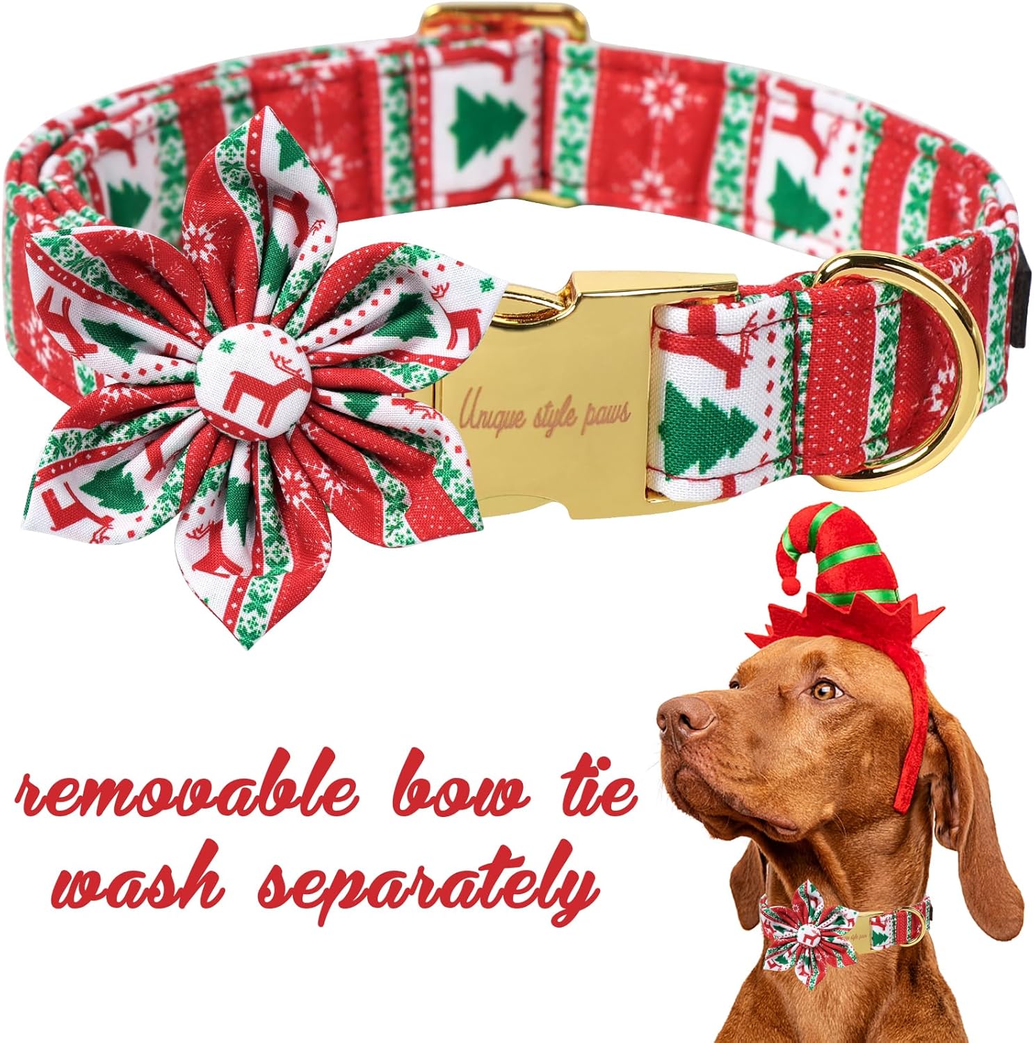 Unique Style Paws Christmas Day Dog Collar with Flower Bow Christmas Tree Cotton Puppy Collars for Small Medium Large Dogs