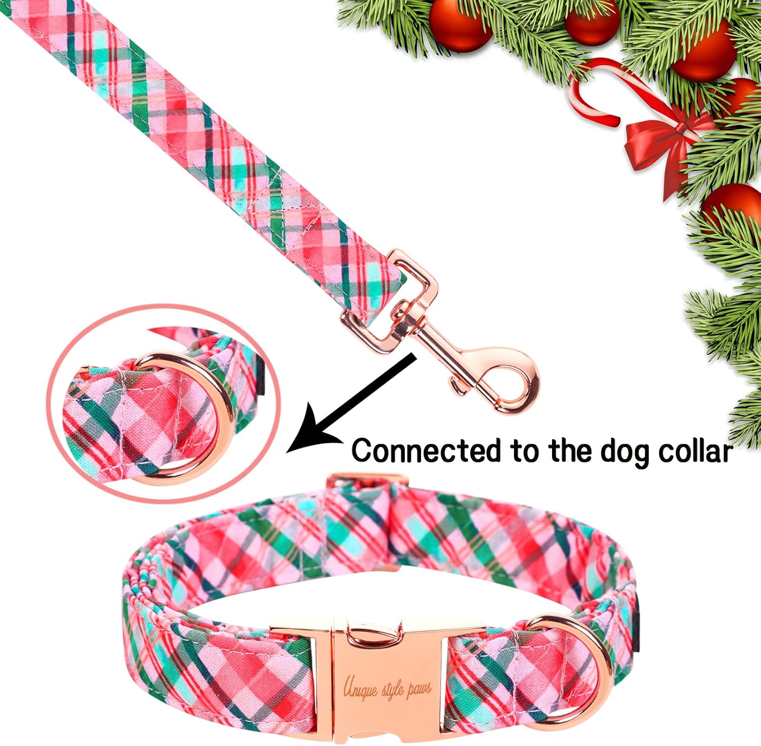 Unique style paws Pink Green Grid Dog Leash Matching Classical Collar for Small Medium Large Boys Girls Dogs and Cats-M