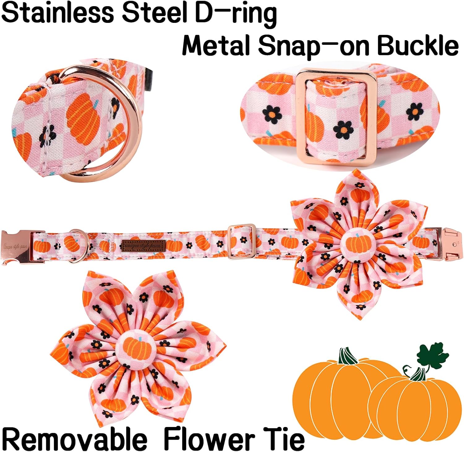 Unique Style Paws Halloween Day Dog Collar with Flower Bow Pink Pumpkin Cotton Dog Collars for Small Medium Large Dogs