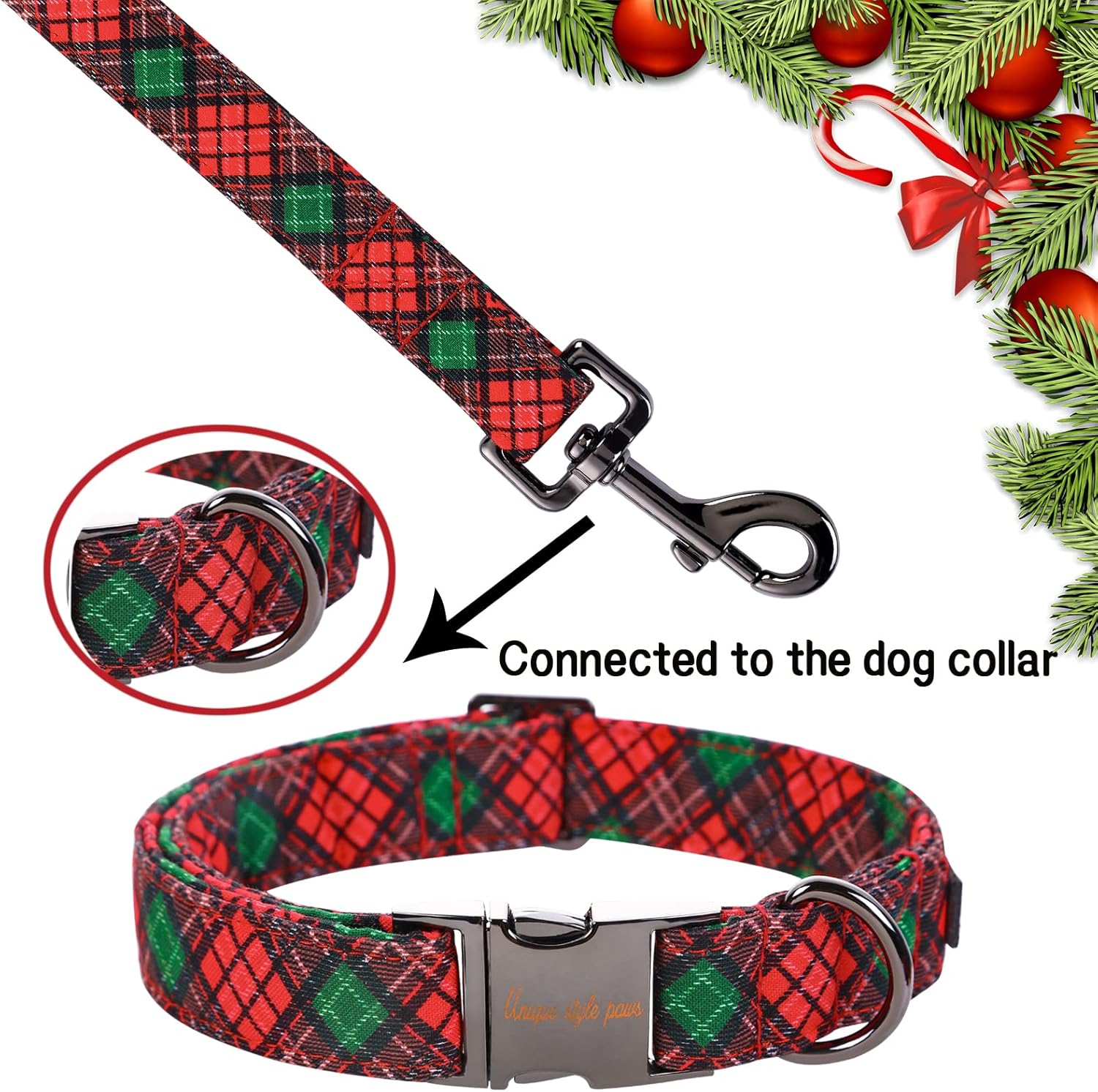 Unique style paws Christmas Dog Leash Matching Black Green Plaid Themed Collar for Dogs and Cats