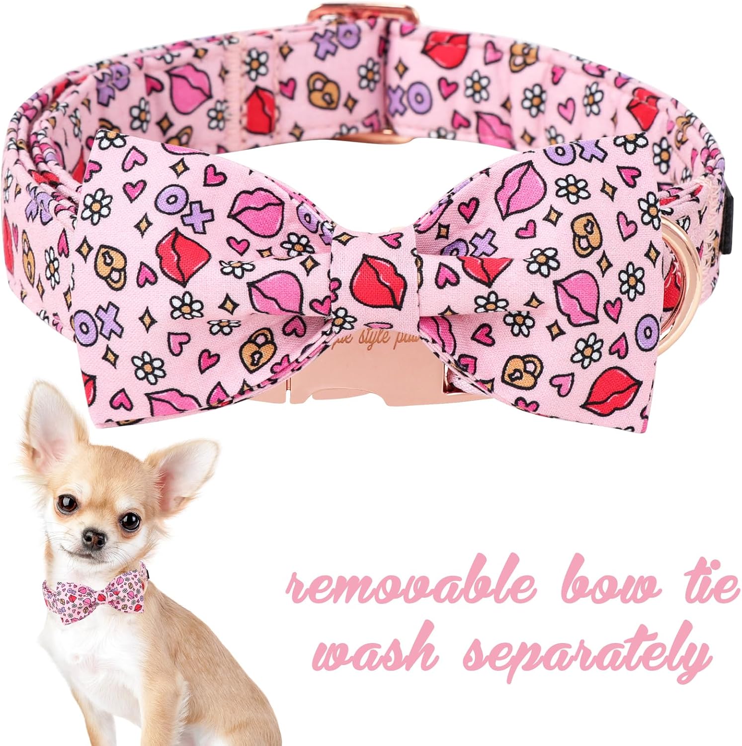 Unique style paws Valentine's Day Dog Collar with Bow Tie XO Red Lips Puppy Collar Best Gift for Small Medium Large Boys Girls-L