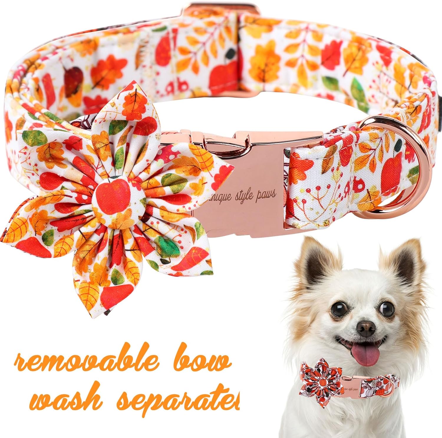 Unique Style Paws Thanksgiving Day Collar with Flower Bow Fruit Leaf Flower Fruit Durable Cute Cotton Dog Collars for Small Medium Large Dogs