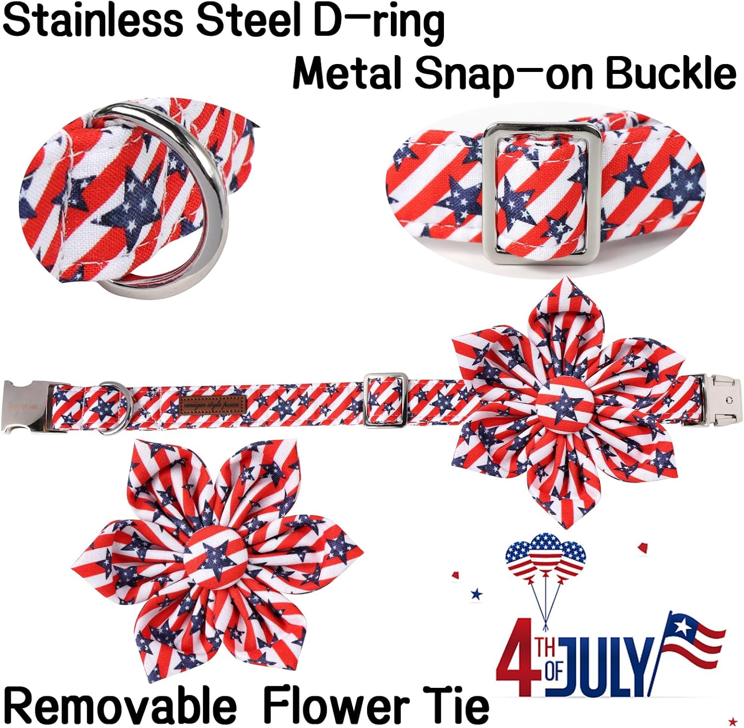 Unique style paws Independence Day Dog Collar with Flower Bow Striped Star Puppy Collar for Small Medium Large Boys Girls Dogs