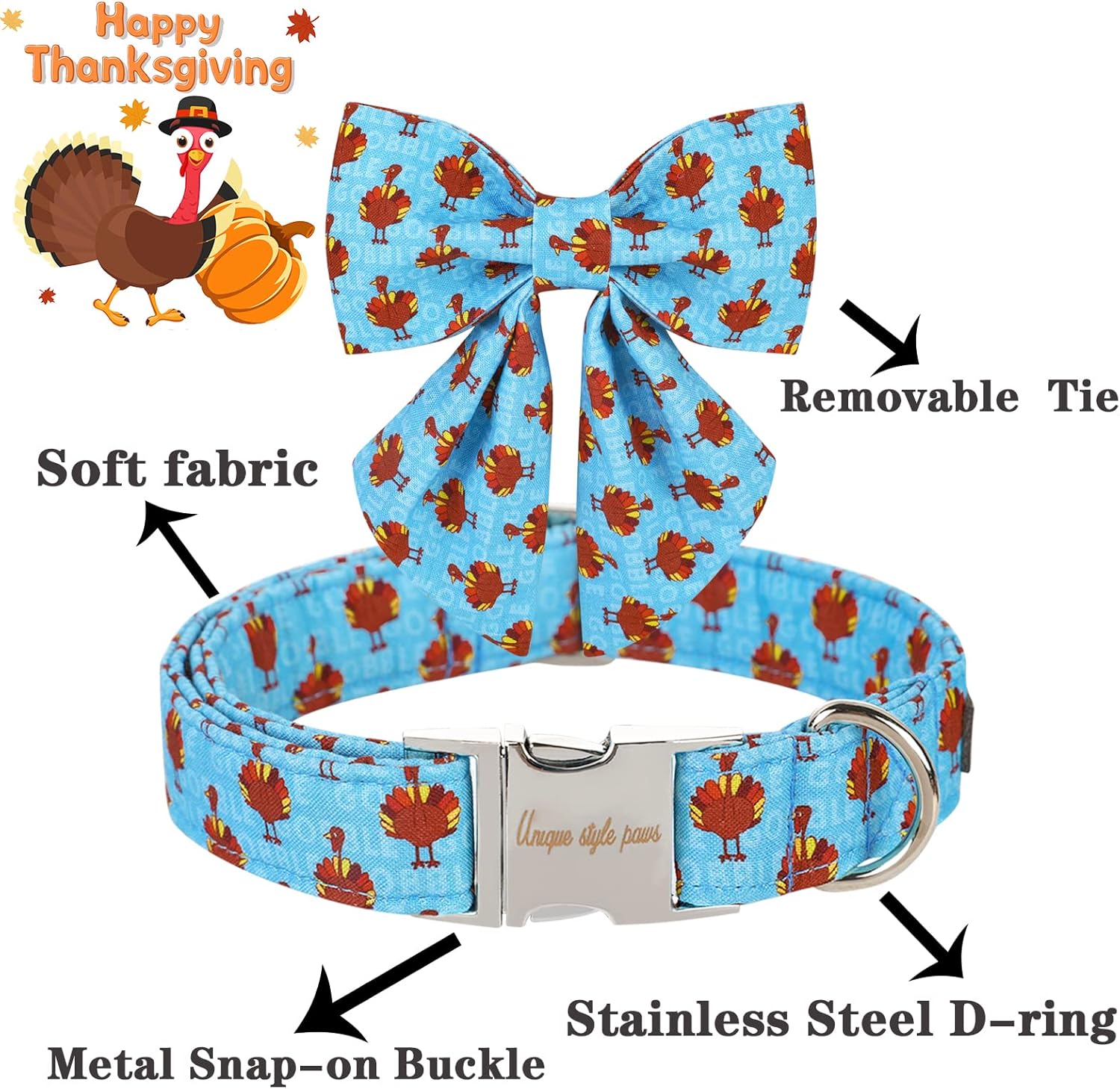 Unique style paws Thanksgiving Dog Collar with Bow Tie Blue Turkey Puppy Collar for Small Medium Large Dogs as Autumn Winter Pet Gifts