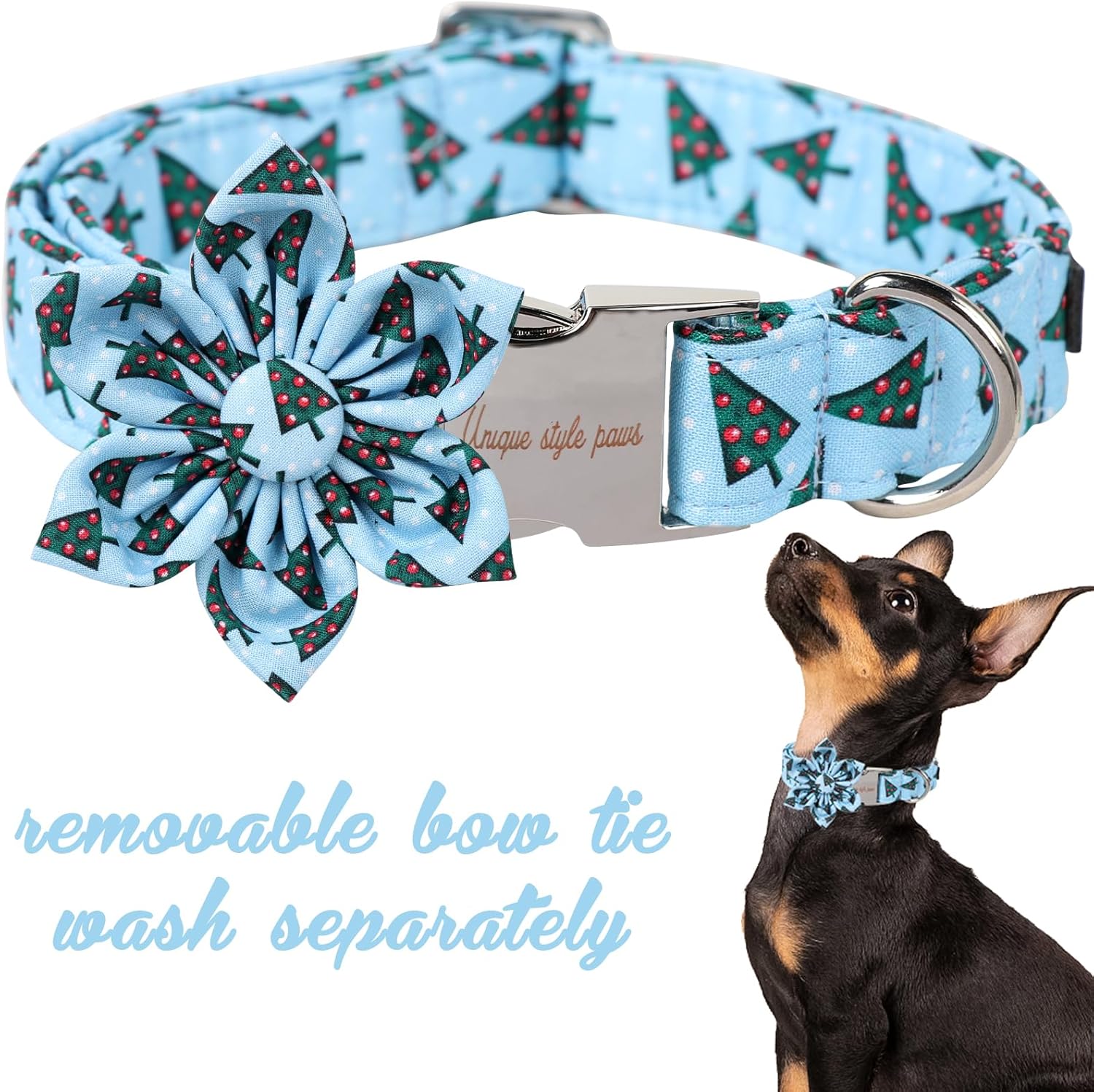 Unique Style Paws Christmas Day Dog Collar with Flower Bow Christmas Tree Cotton Puppy Collars for Small Medium Large Dogs