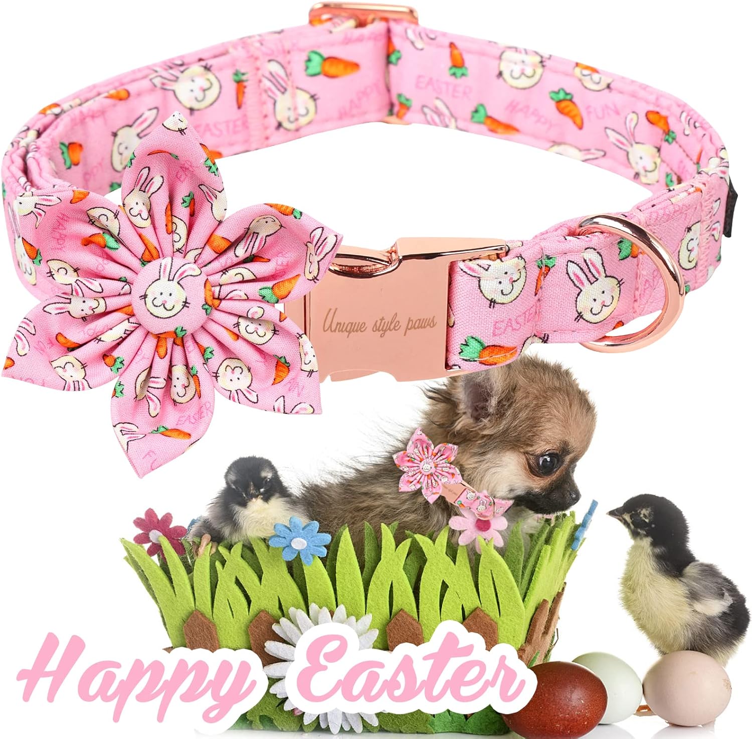 Unique style paws Easter Dog Collar with Flower Tie Rabbit & Carrot Puppy Collar for Small Medium Large Boys Girls