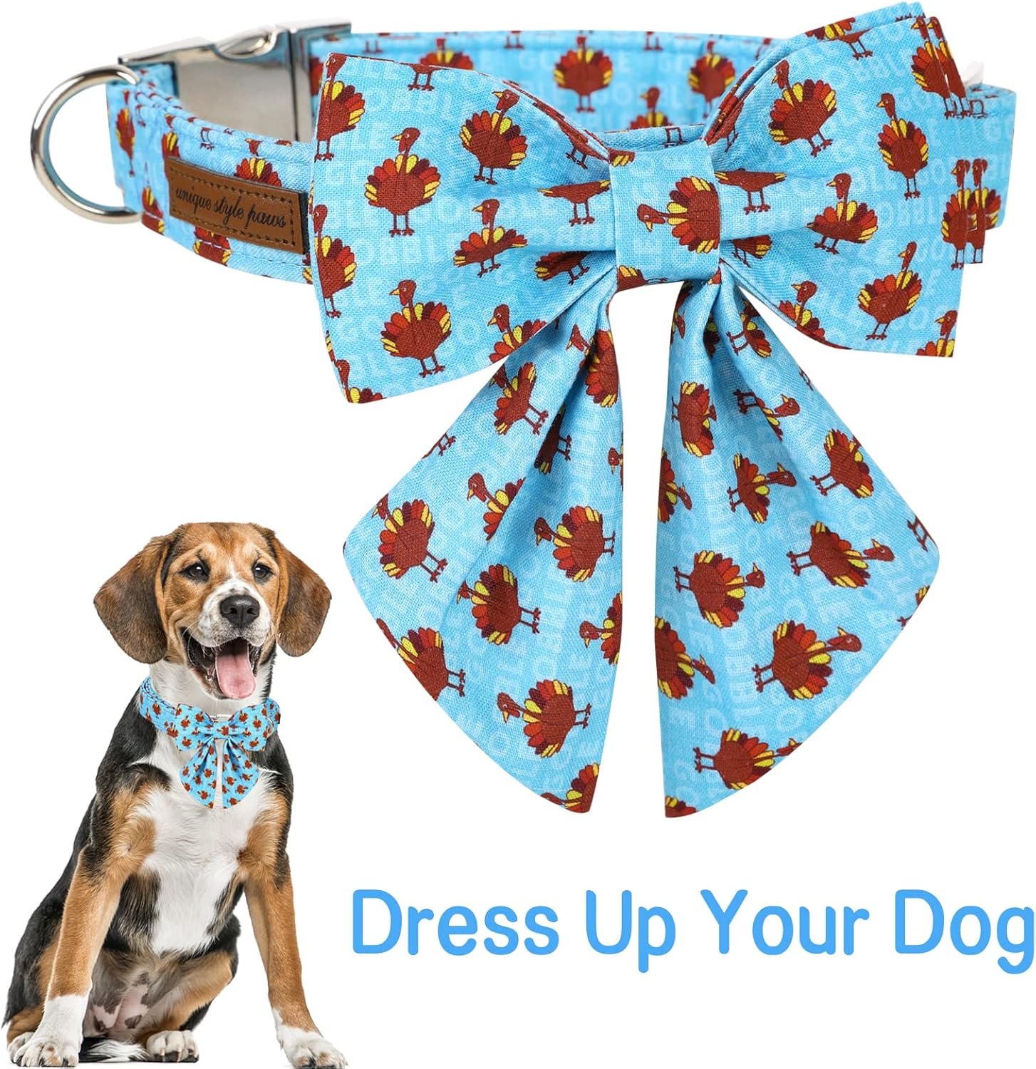 Unique style paws Thanksgiving Dog Collar with Bow Tie Blue Turkey Puppy Collar for Small Medium Large Dogs as Autumn Winter Pet Gifts