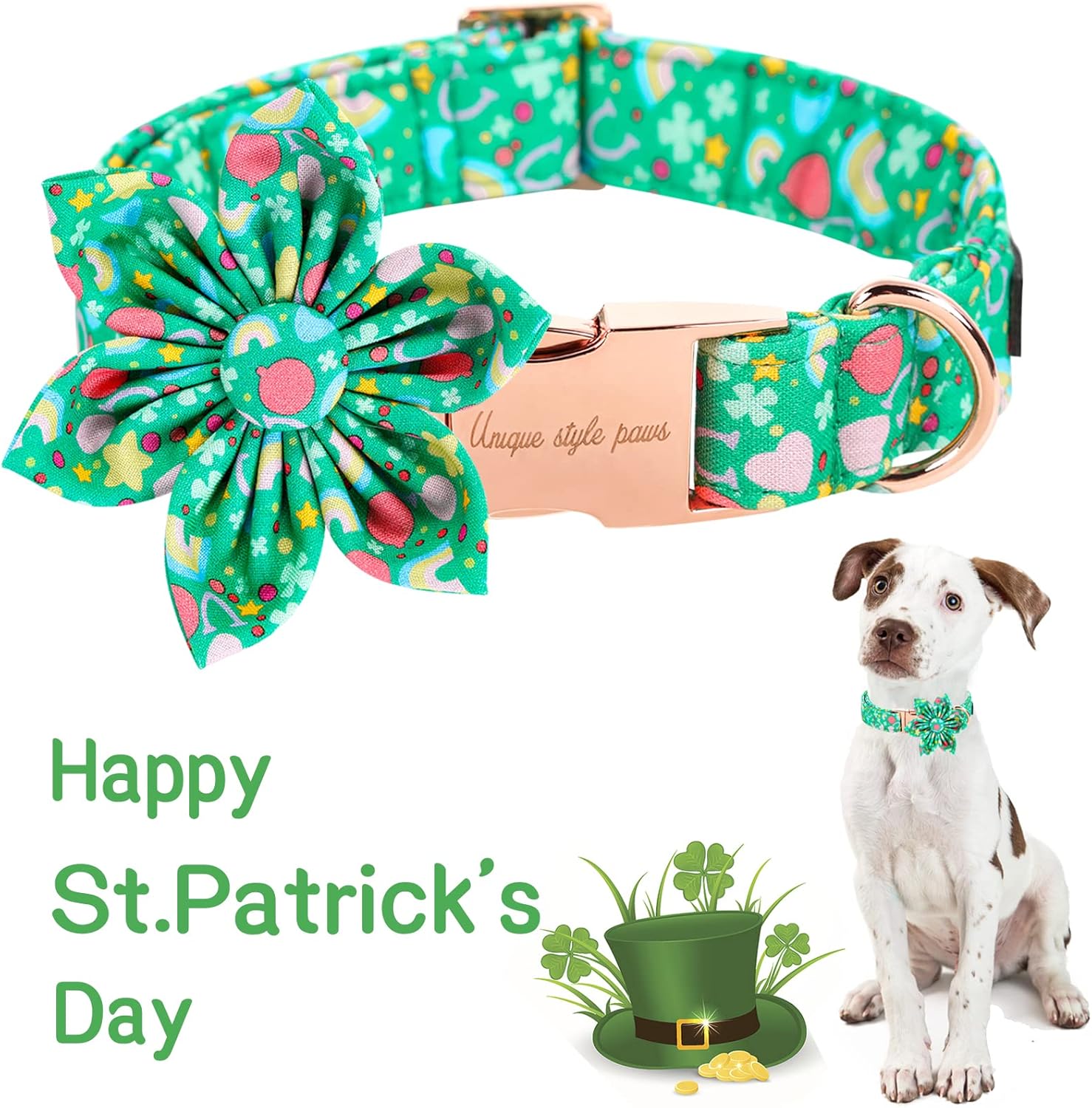 Unique style paws St. Patrick's Day Dog Collar with Flower Tie Rainbow Clover Heart Puppy Collar for Small Medium Large Boys Girls