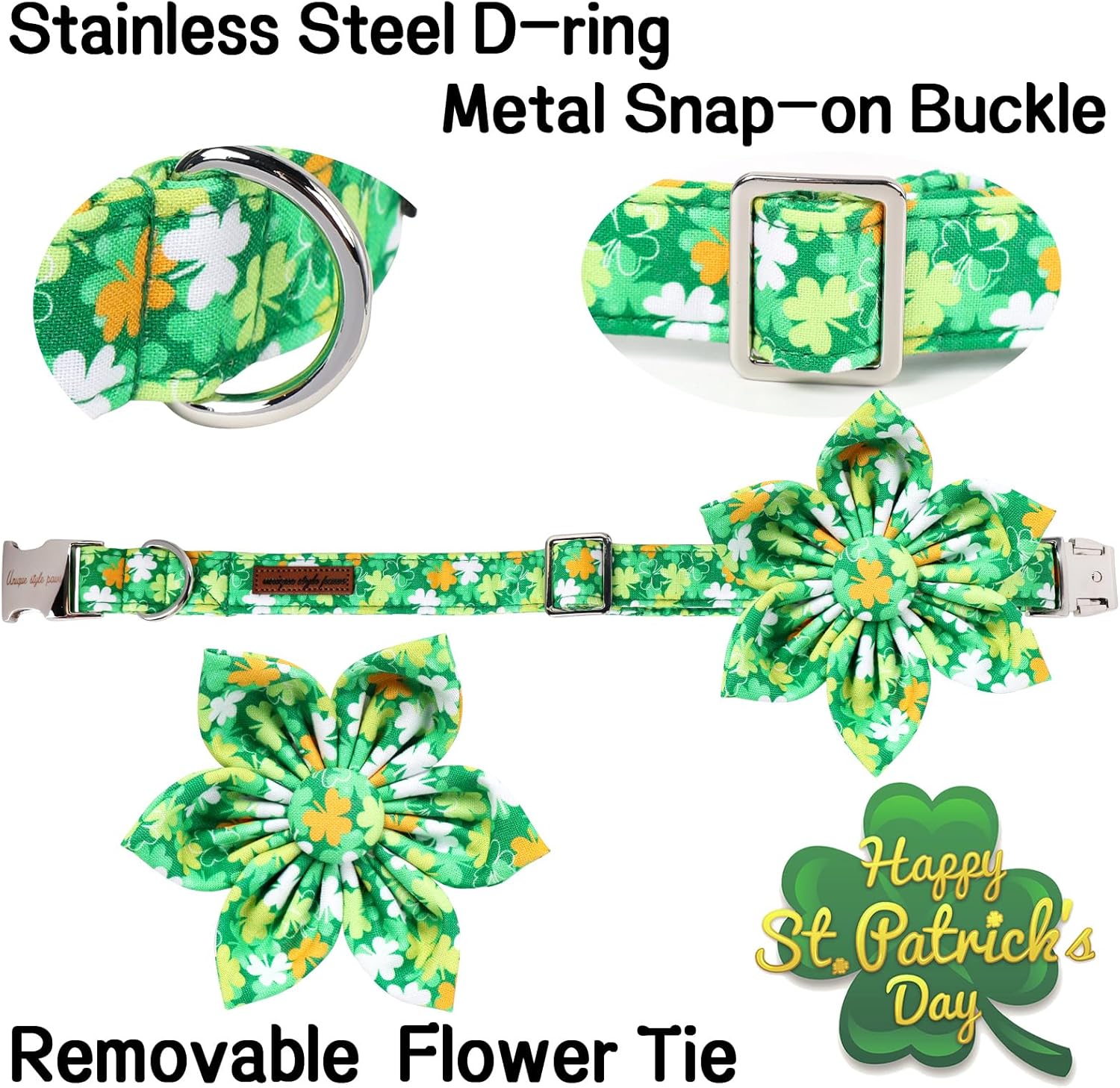 Unique style paws St. Patrick's Day Dog Collar with Bow Clover Collar with Flower for Small Medium Large Boys Girls Dogs