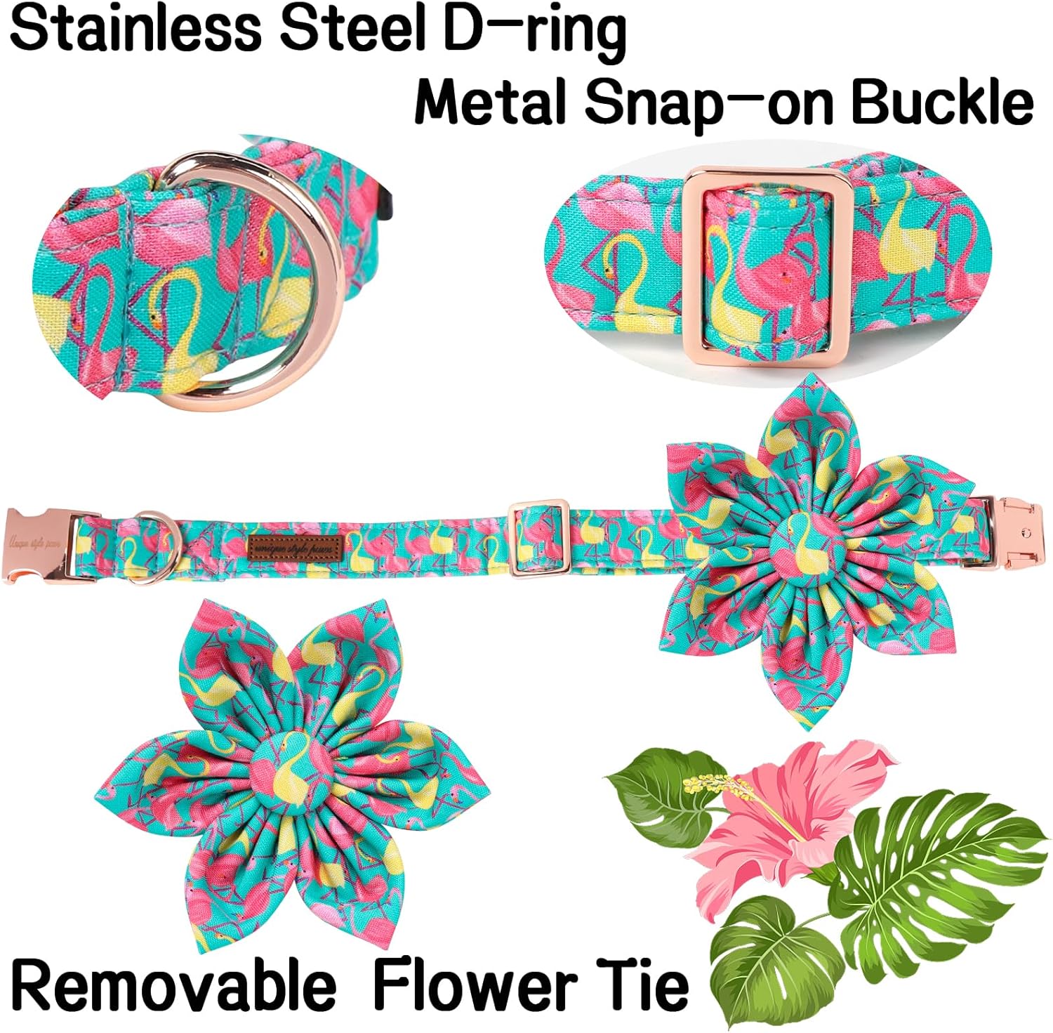 Unique Style Paws Summer Dog Collar with Floral Bow,Flamingo Bow Tie Puppy Collar, Cute Green Dog Bow Collar for Small,Medium,Large Dogs Pets Summer Gifts