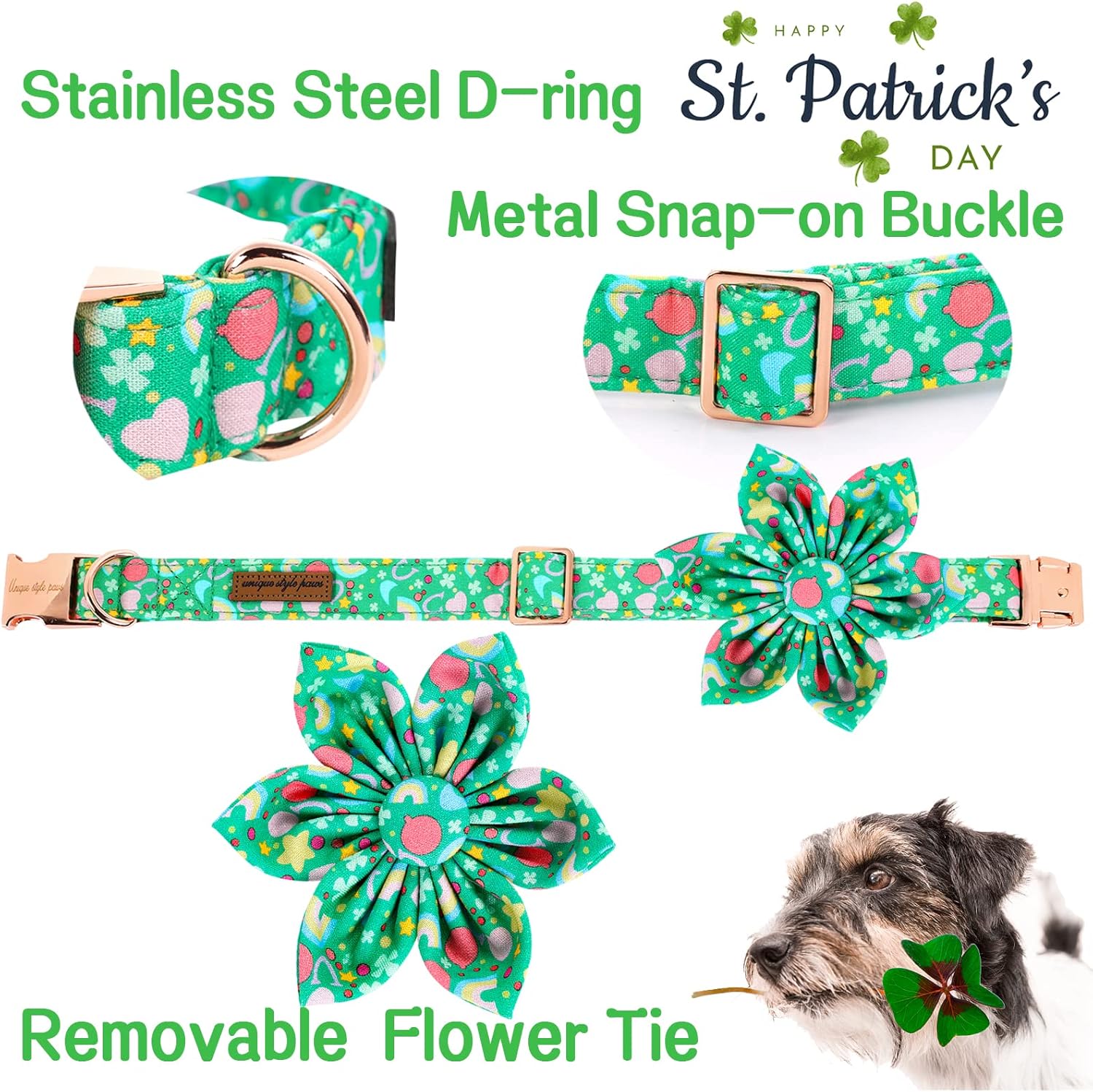 Unique style paws St. Patrick's Day Dog Collar with Flower Tie Rainbow Clover Heart Puppy Collar for Small Medium Large Boys Girls