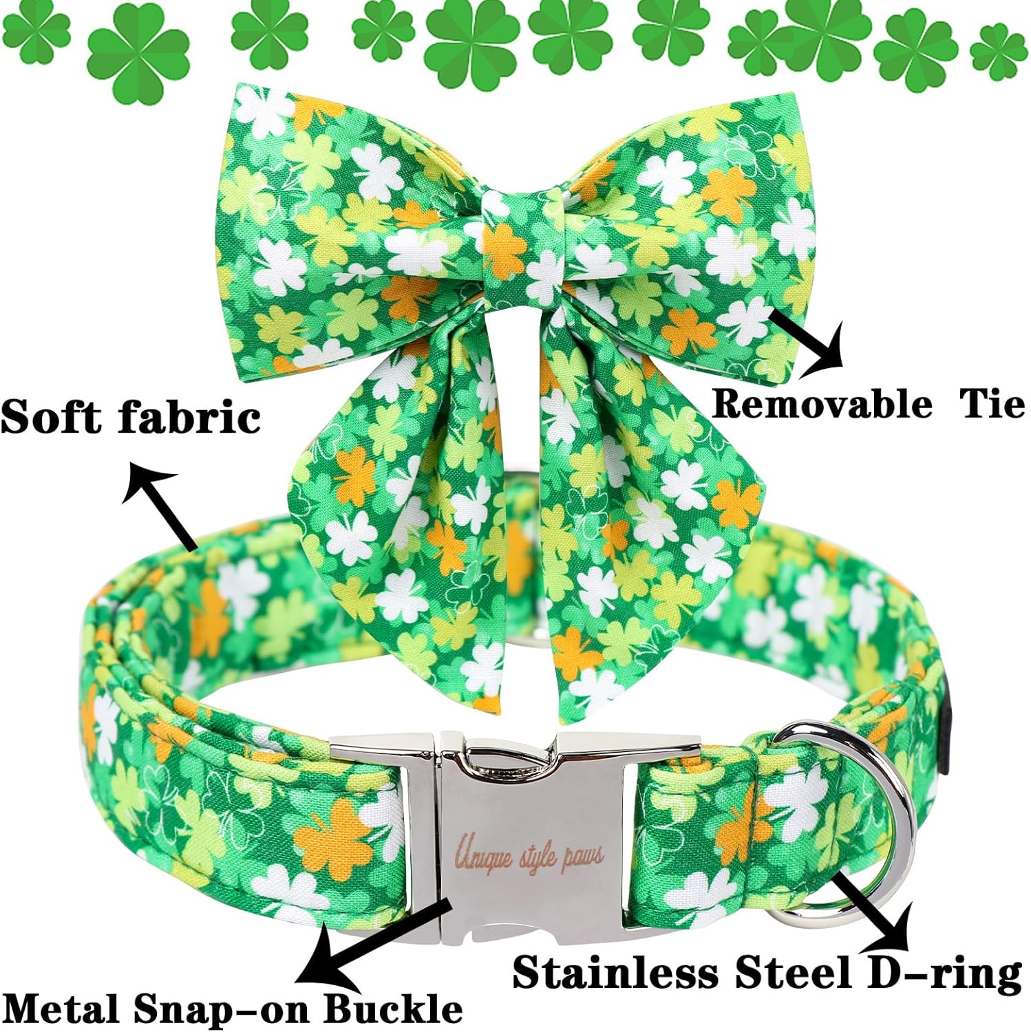 Unique style paws St. Patrick's Day Dog Collar with Bow Clover Collar with Flower for Small Medium Large Boys Girls Dogs