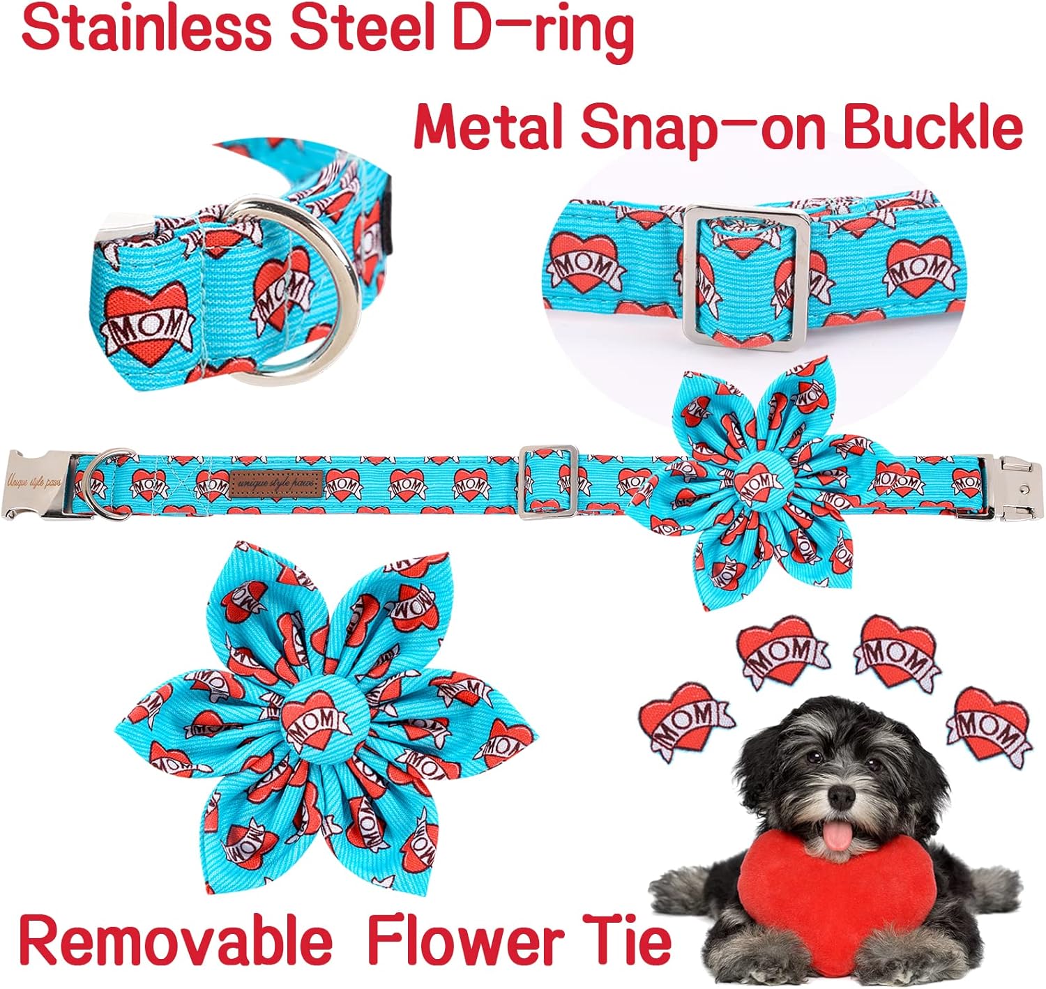 Unique style paws Valentine's Day Dog Collar with Flower Tie Blue Heart Puppy Collar Best Gift for Small Medium Large Boys Girls