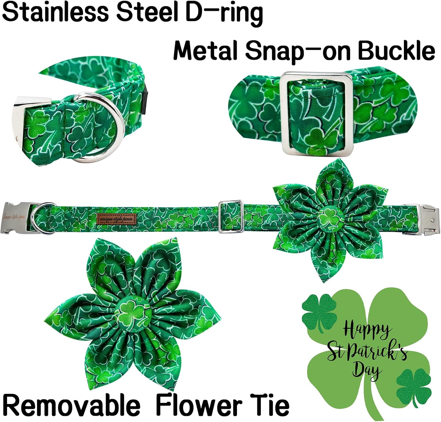 Unique style paws St. Patrick's Day Dog Collar with Flower Green Clover Pet Collar for Small Medium Large Boys Girls Dogs