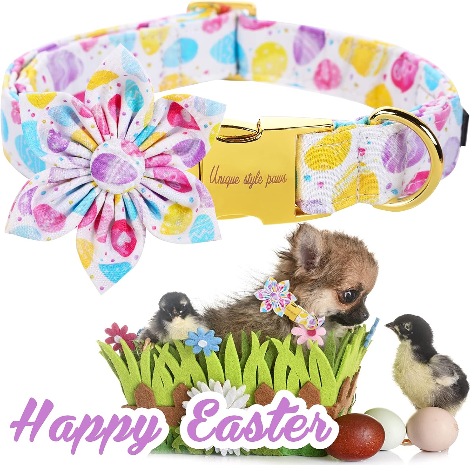 Unique style paws Easter Colorful Egg Dog Collar with Flower Holiday Collar Gift for Small Medium Large Boys Girls Dogs