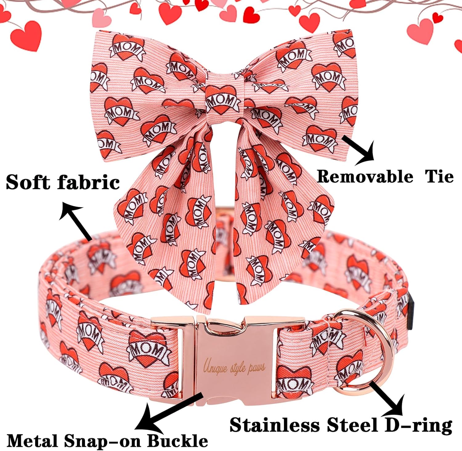 Unique Style Paws Valentiene's Day Dog Collar with Bow Heart Print Cotton Dog Collars Collar for Small Medium Large Dogs New