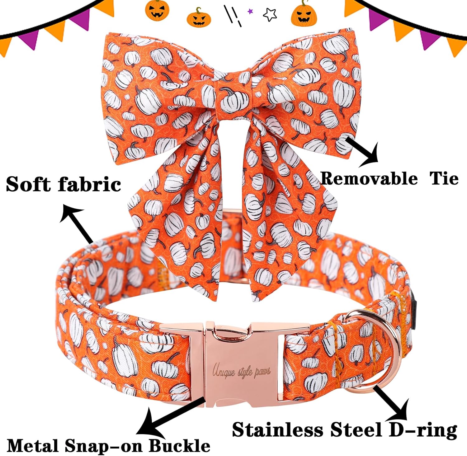 Unique Style Paws Halloween Day Dog Collar with Bowtie Line Pumpkin Cotton Dog Collars for Small Medium Large Dogs