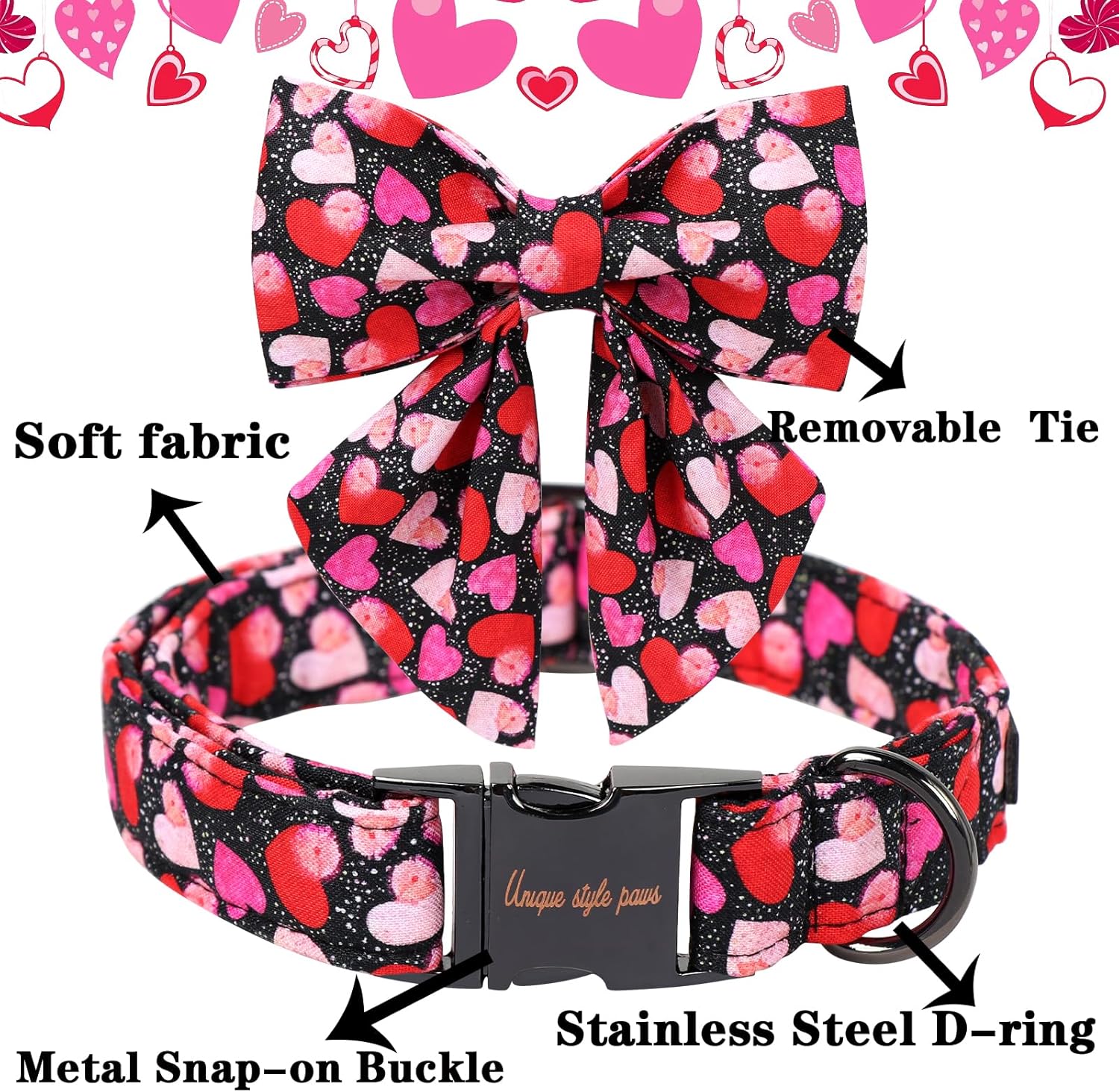 Unique Style Paws Valentine's Dog Collar with Bow Colorful Heart Love Dog Collars for Small Medium Large Dog New