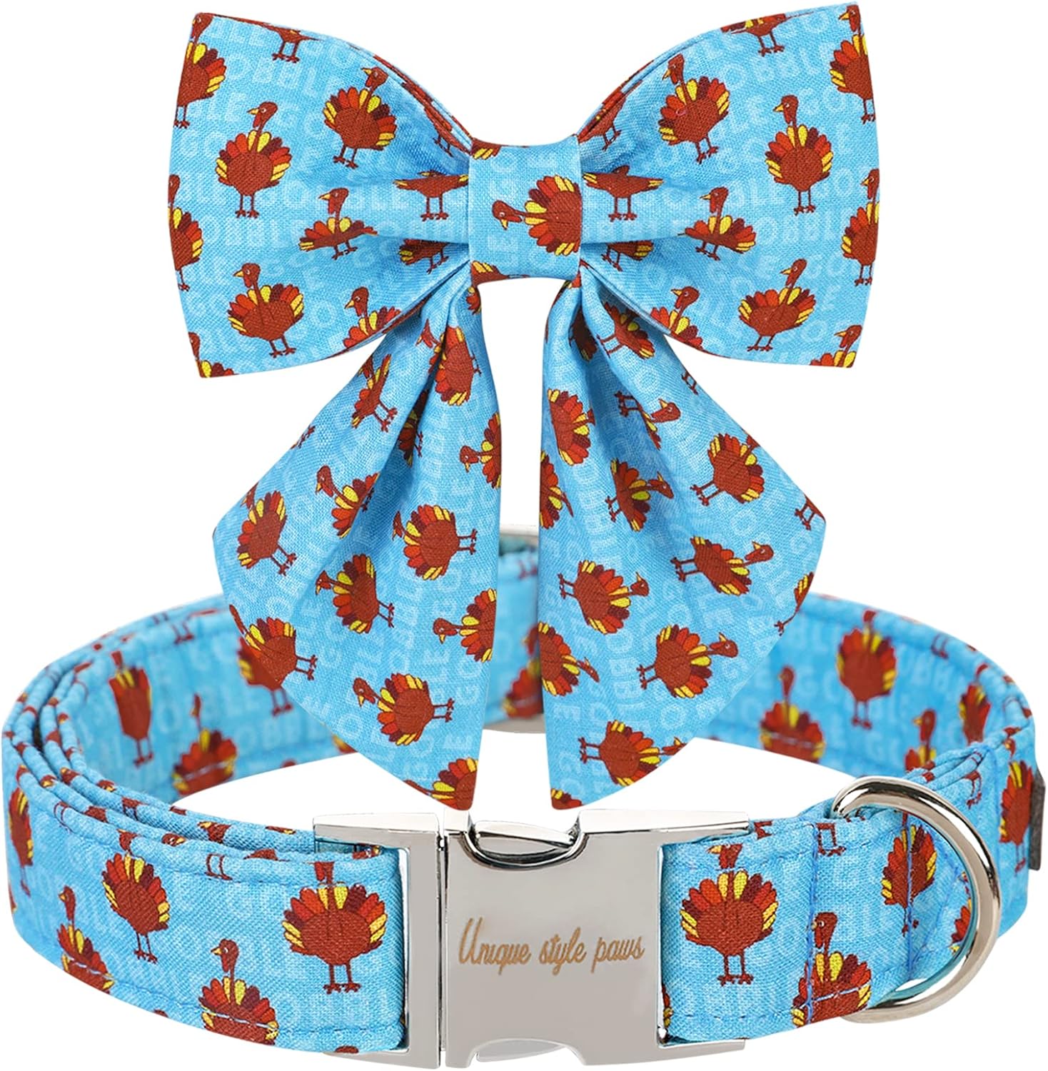 Unique style paws Thanksgiving Dog Collar with Bow Tie Blue Turkey Puppy Collar for Small Medium Large Dogs as Autumn Winter Pet Gifts