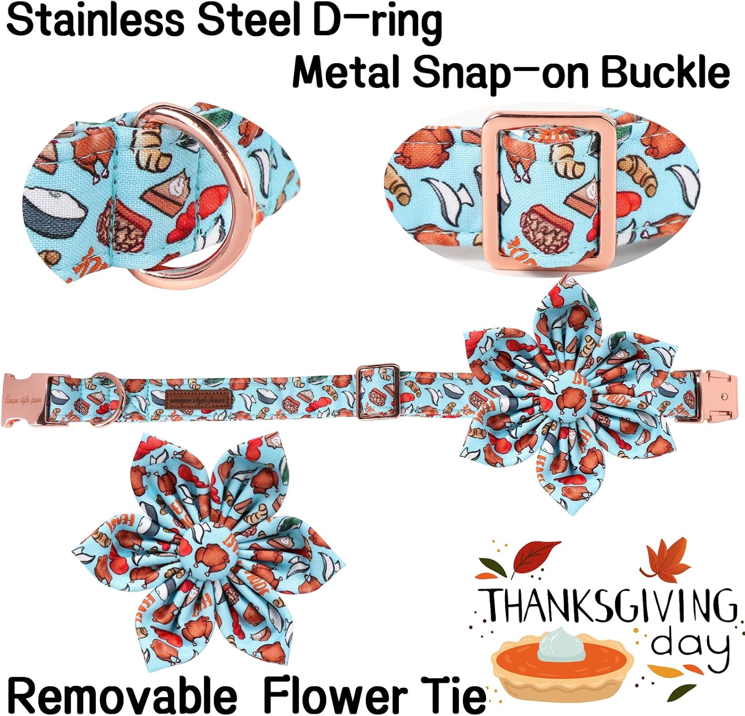 Unique Style Paws Thanksgiving Day Dog Collar with Flower Bow Turkey Cotton Puppy Collars for Small Medium Large Dogs
