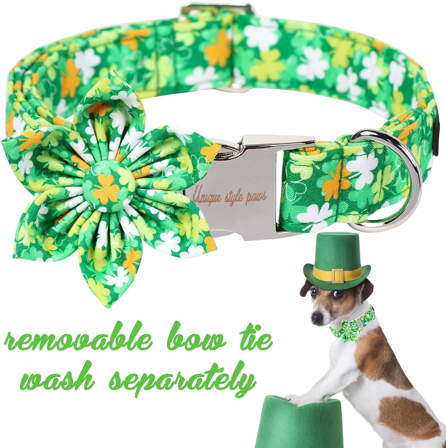 Unique style paws St. Patrick's Day Dog Collar with Bow Clover Collar with Flower for Small Medium Large Boys Girls Dogs