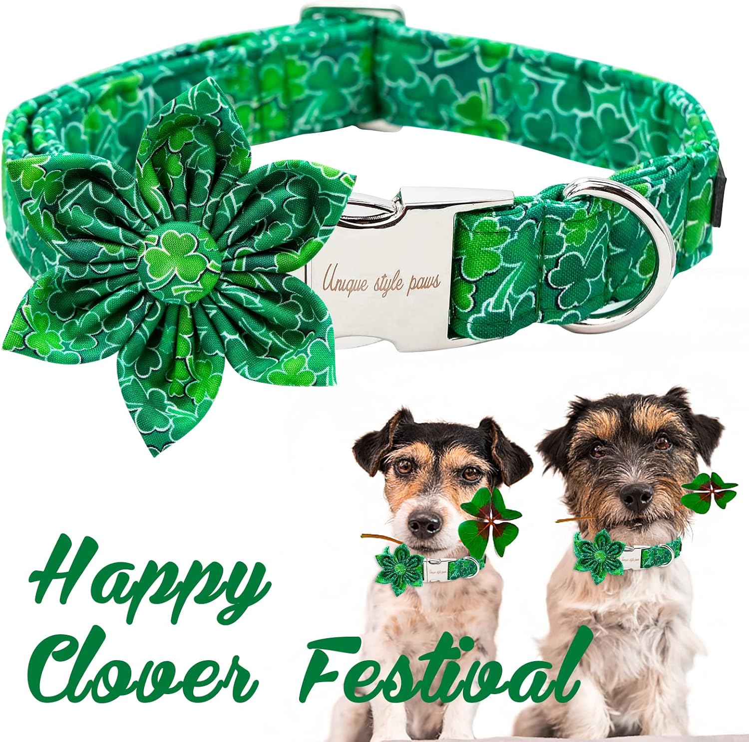 Unique style paws St. Patrick's Day Dog Collar with Flower Green Clover Pet Collar for Small Medium Large Boys Girls Dogs