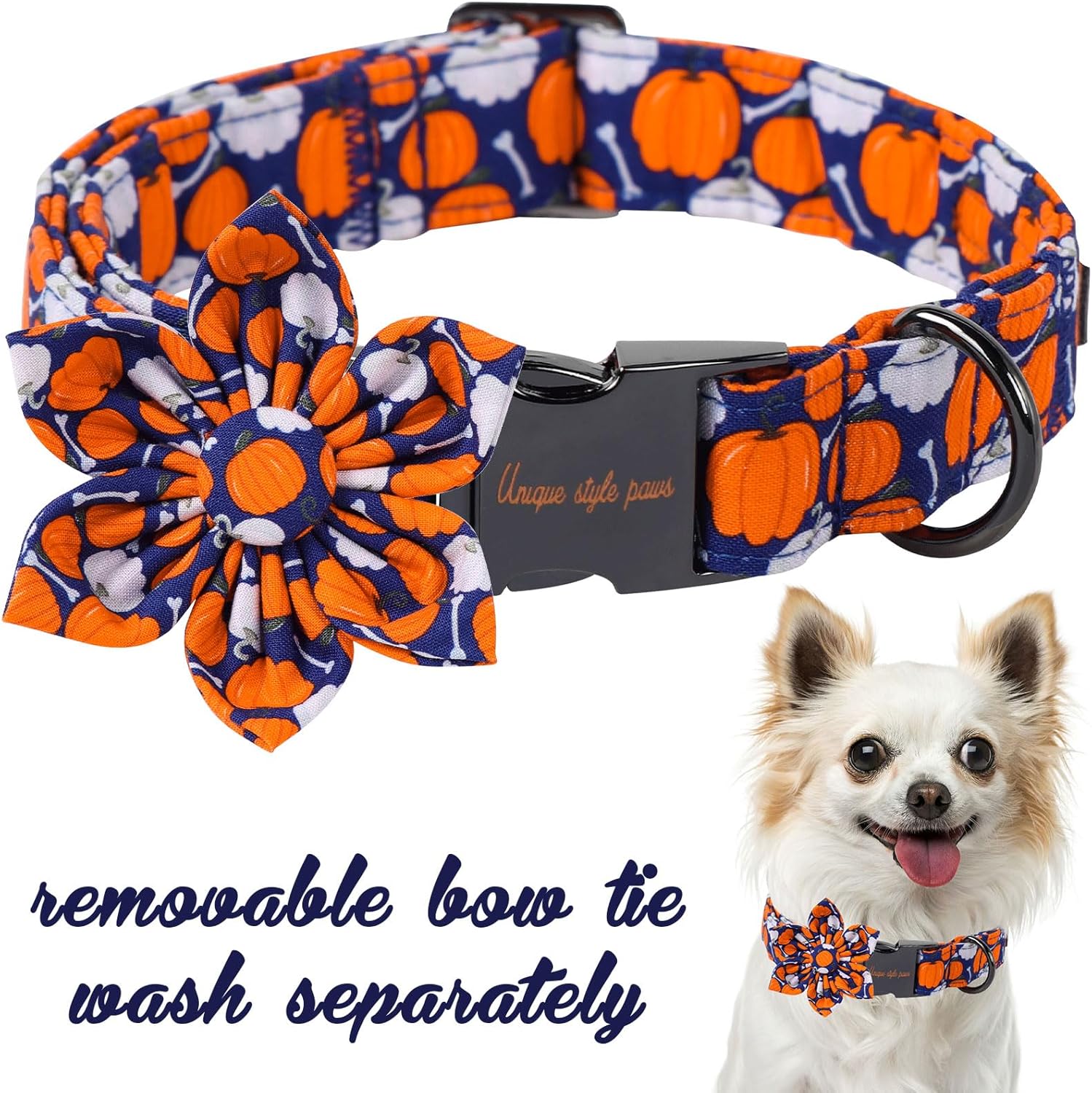 Unique Style Paws Halloween Day Dog Collar with Flower Bow Bone Pumpkin Cotton Dog Collars for Small Medium Large Dogs