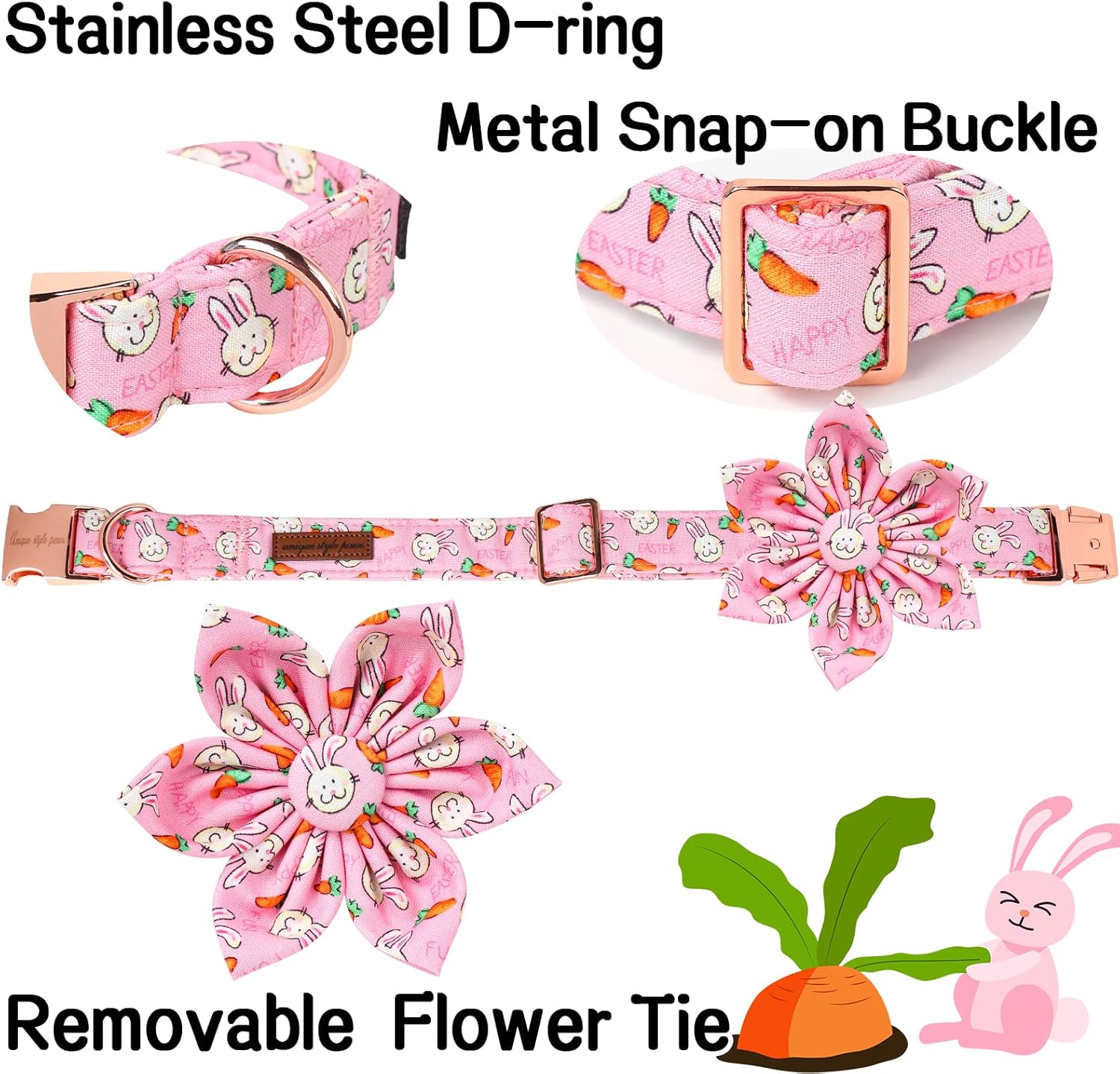 Unique style paws Easter Dog Collar with Flower Tie Rabbit & Carrot Puppy Collar for Small Medium Large Boys Girls